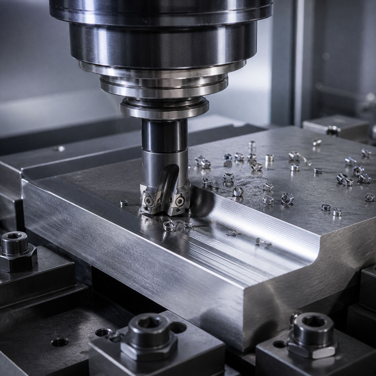High-feed CNC milling with carbide end mill and shallow cutting path