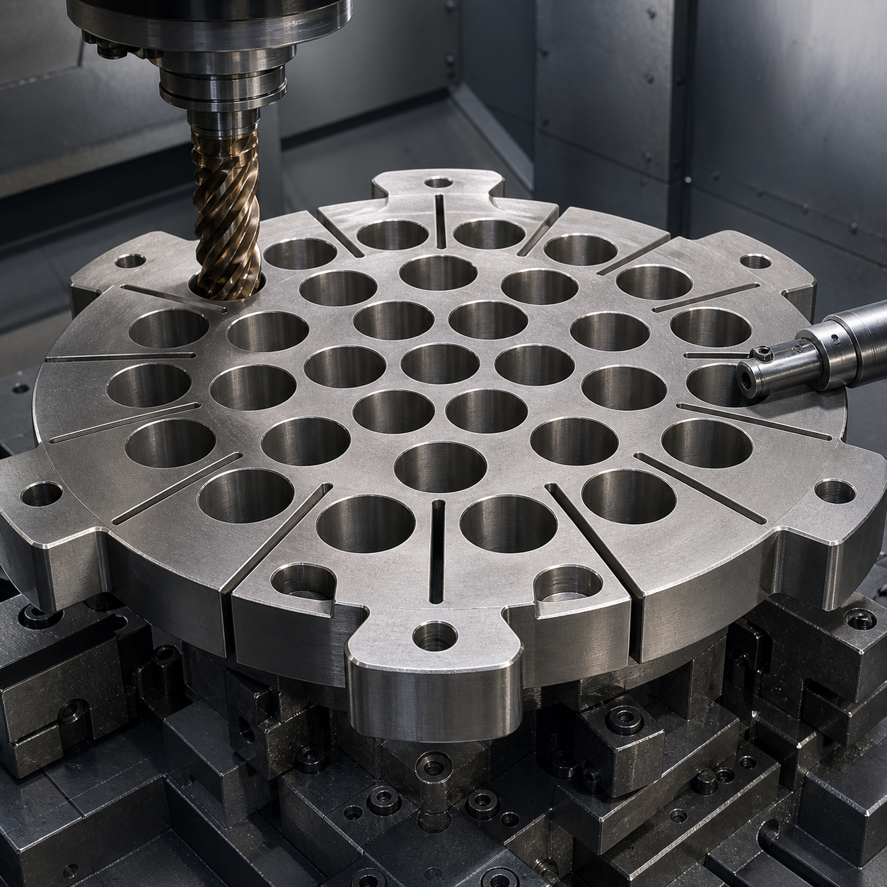 Incoloy 800H furnace tube support grid during CNC machining of the bore array and expansion slots