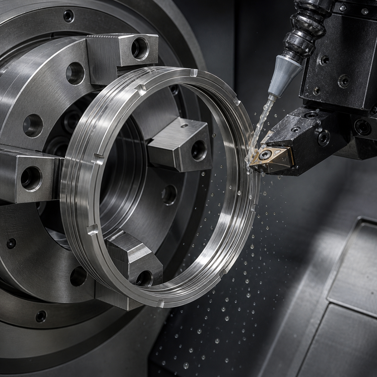 Square CNC turning view of a thin-wall Inconel 718 seal ring with grooves, coolant and a coated carbide insert