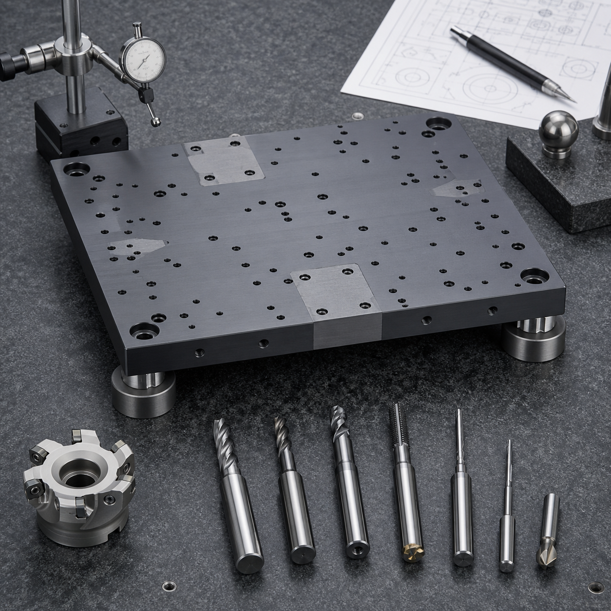 Invar 36 optical baseplate CNC machining plan with datum pads, hole pattern and carbide tools