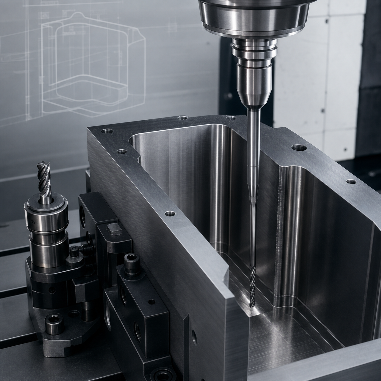 Long reach carbide end mill chatter troubleshooting setup for deep pocket sidewall finishing