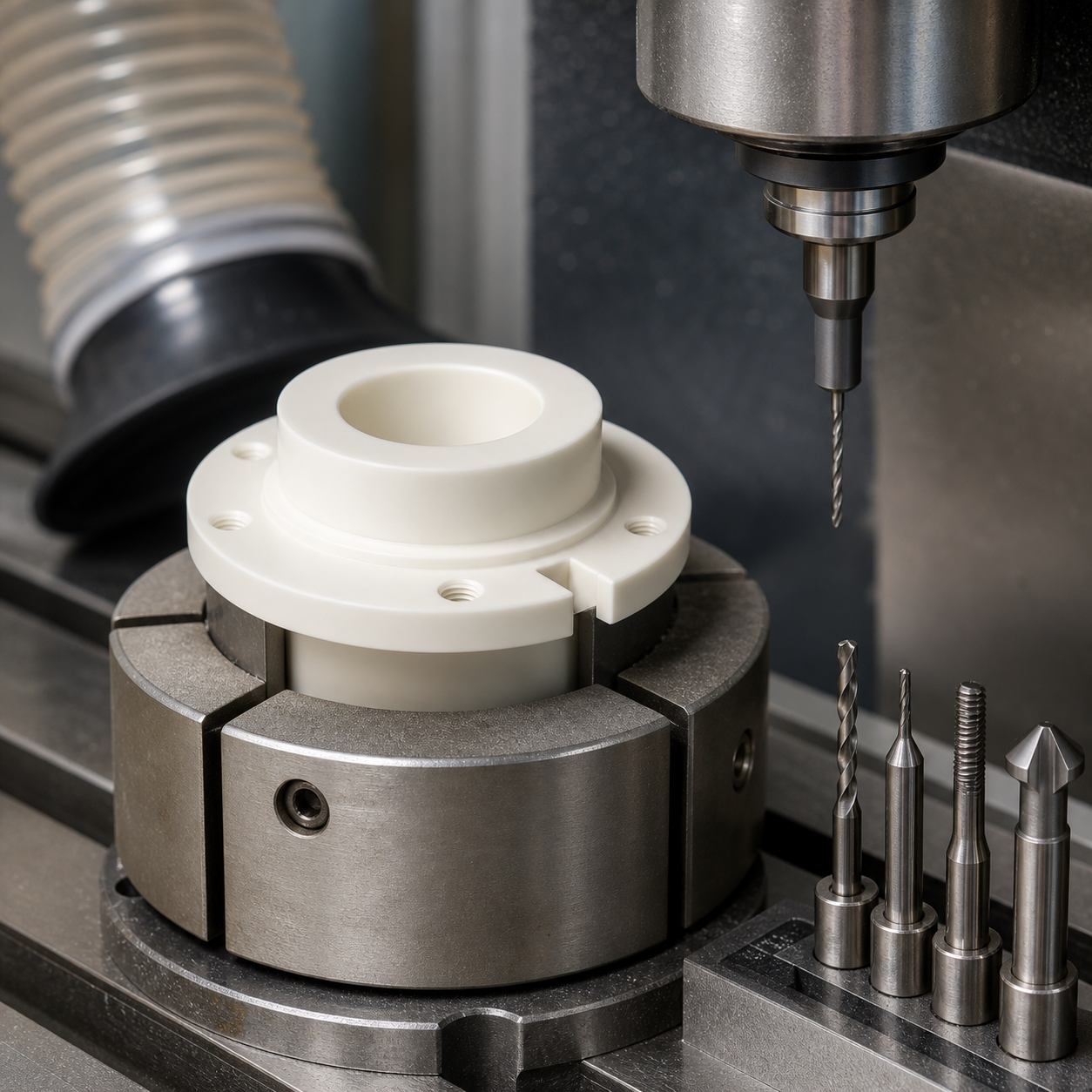 Macor vacuum feedthrough insulator during CNC machining of its thin flange and threaded holes