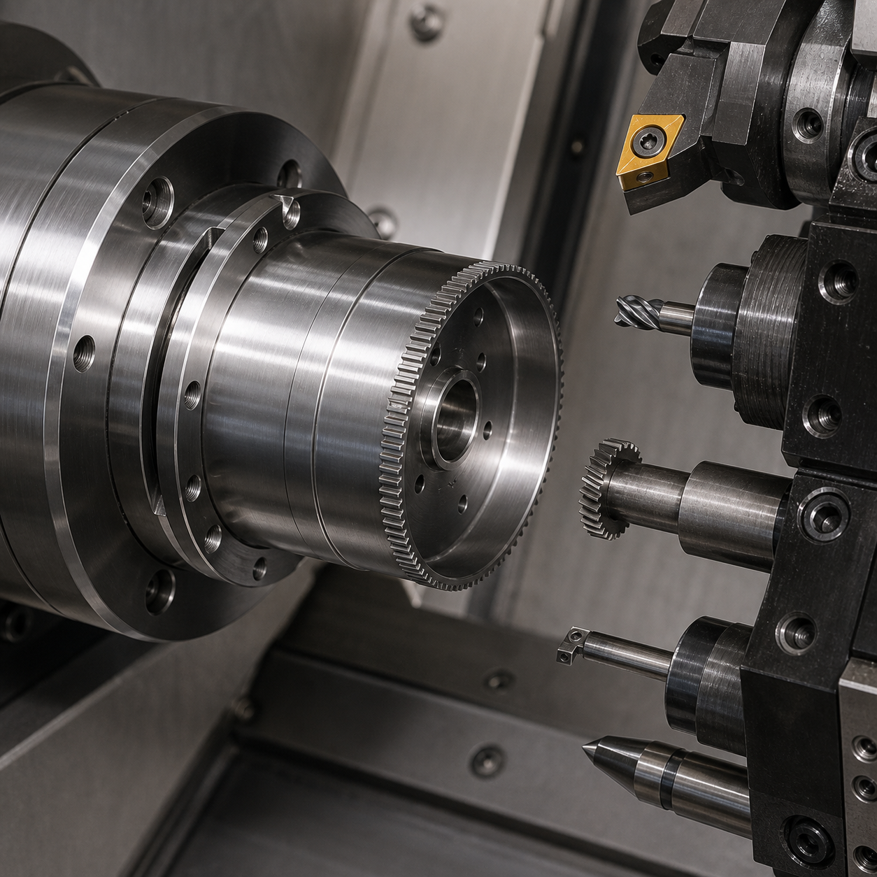 Maraging 300 harmonic drive flexspline cup during CNC machining of its thin wall and spline preform