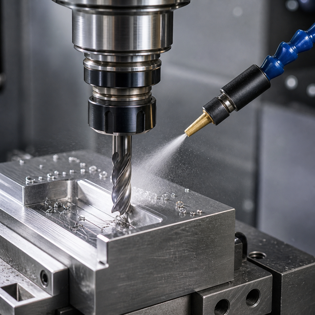 CNC milling with MQL nozzle and carbide end mill at the cutting zone