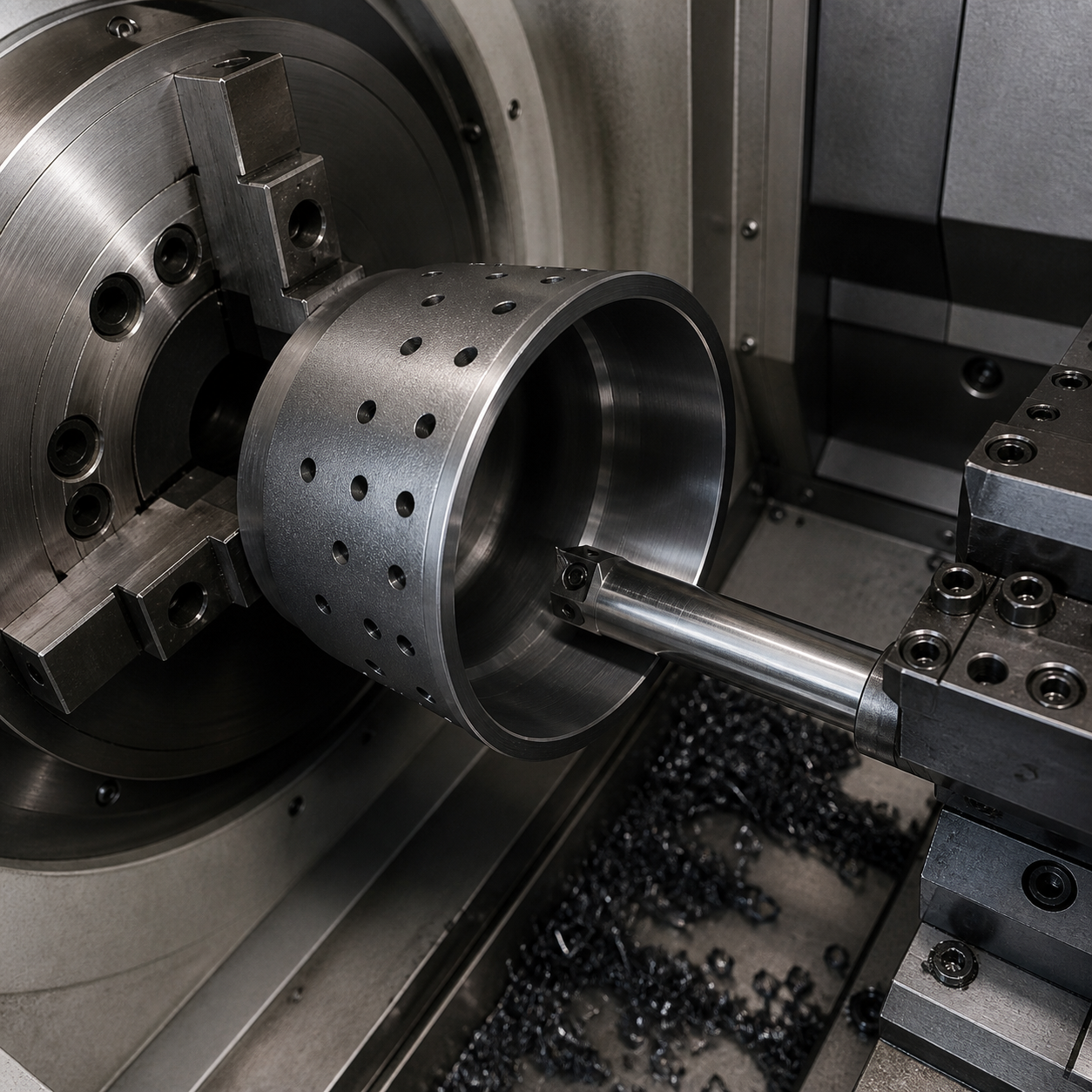 Molybdenum heat shield cup during CNC deep blind-bore machining