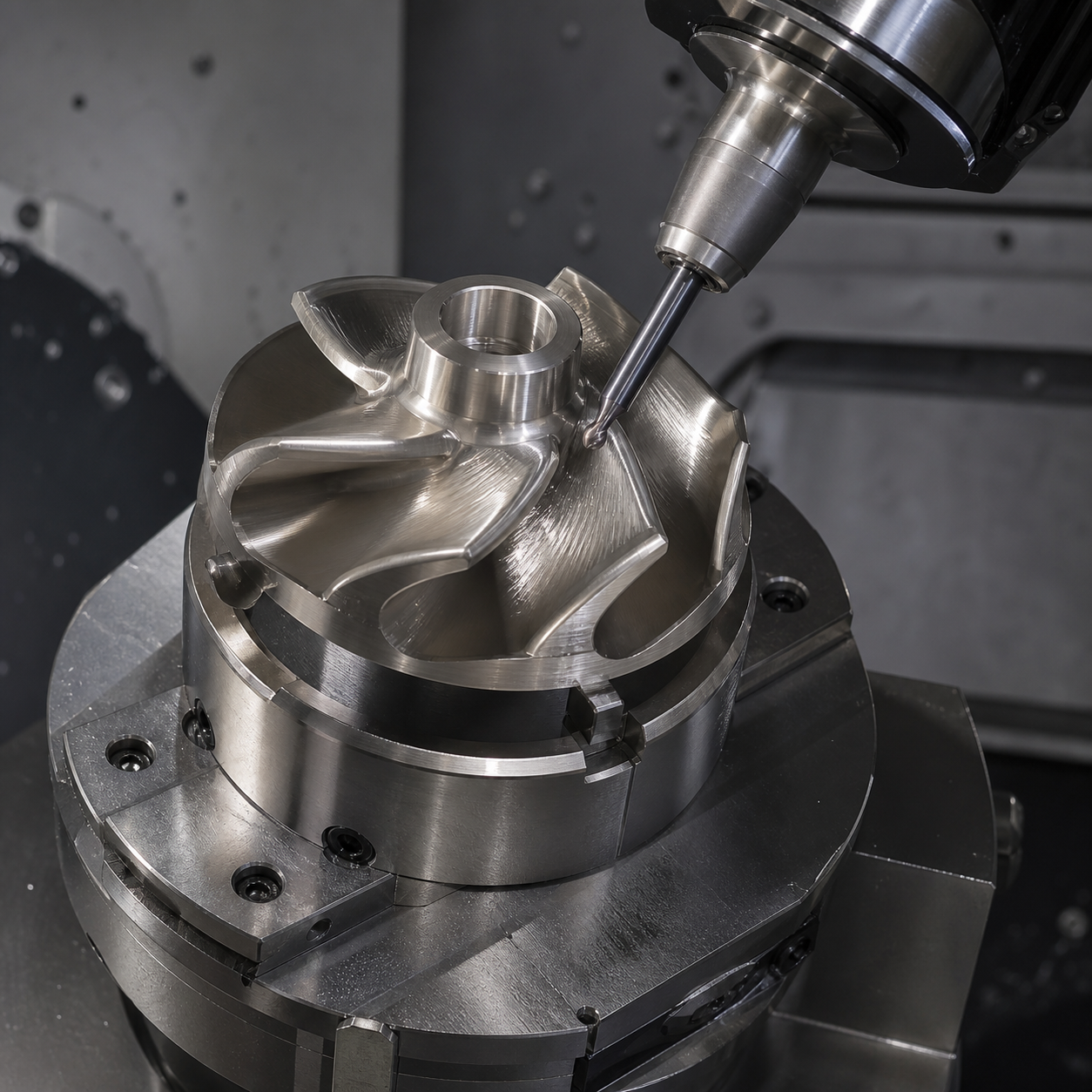 Monel K-500 closed pump impeller on a five-axis CNC mandrel during curved vane passage finishing