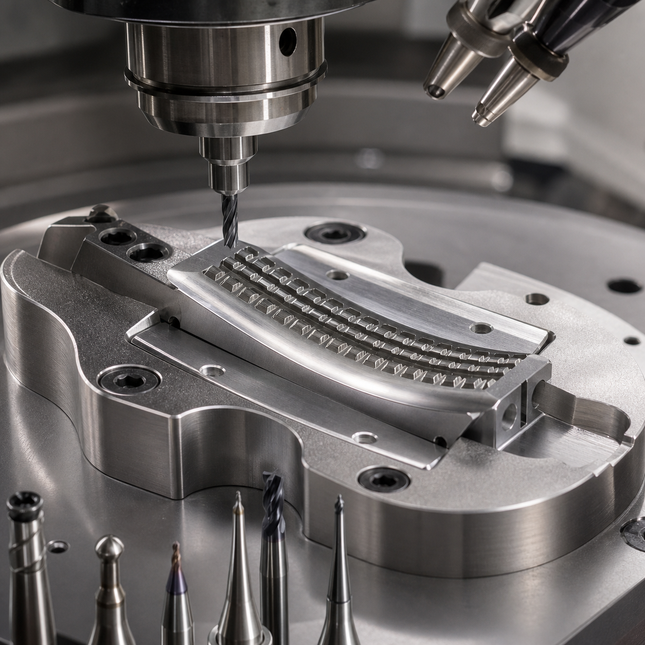 MP35N surgical stapler anvil during five-axis CNC machining of micro pockets and the curved forming face