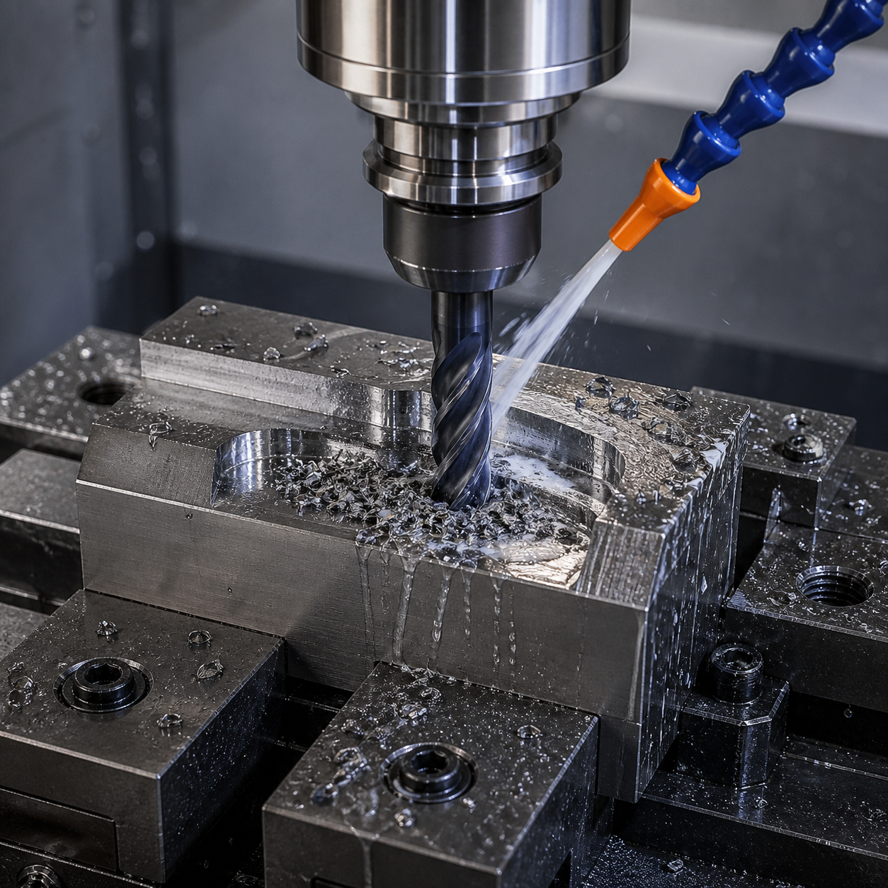 Nickel alloy CNC milling with coated carbide end mill and controlled coolant