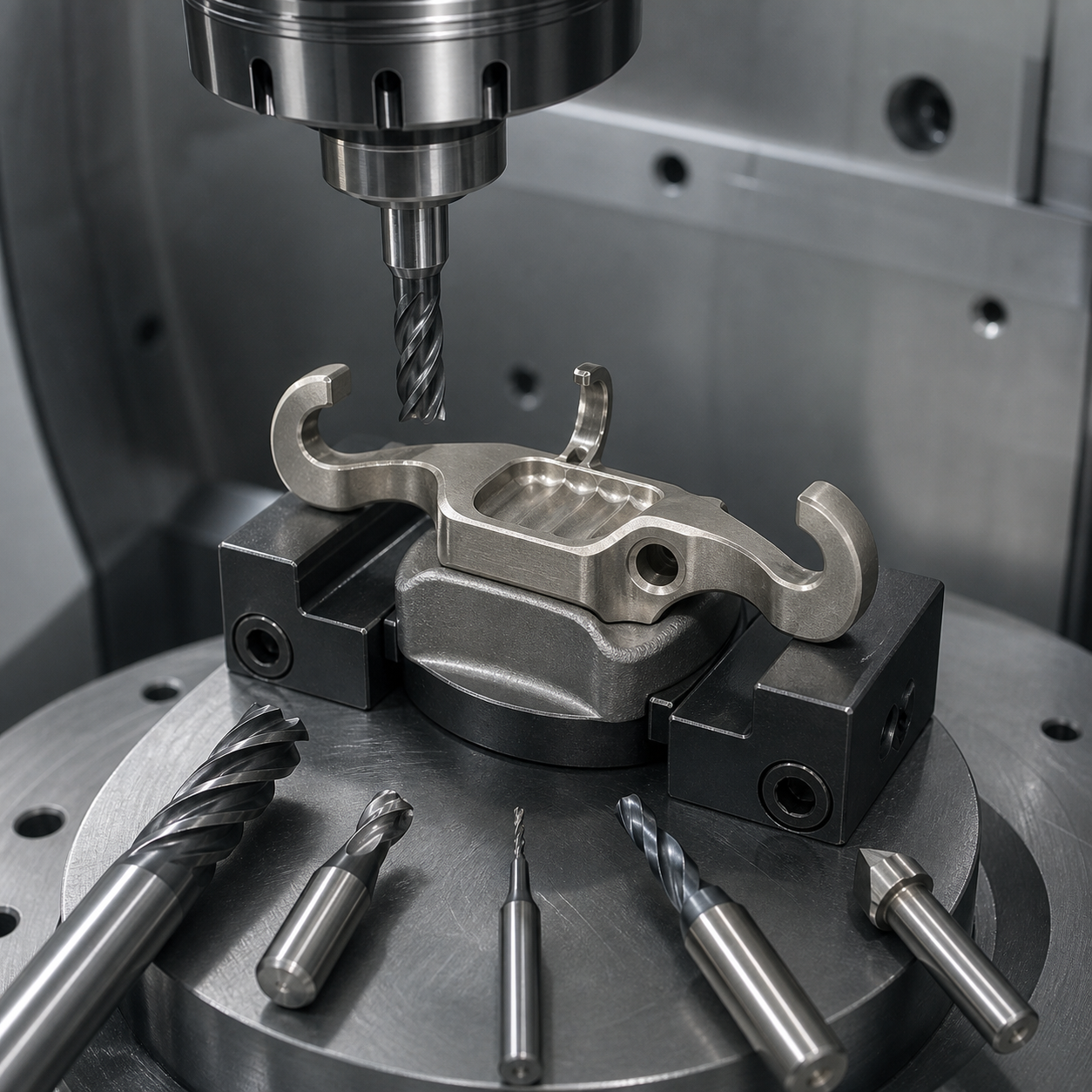 Nimonic 90 turbine blade damper during five-axis CNC machining of curved contact pads and a thin hook