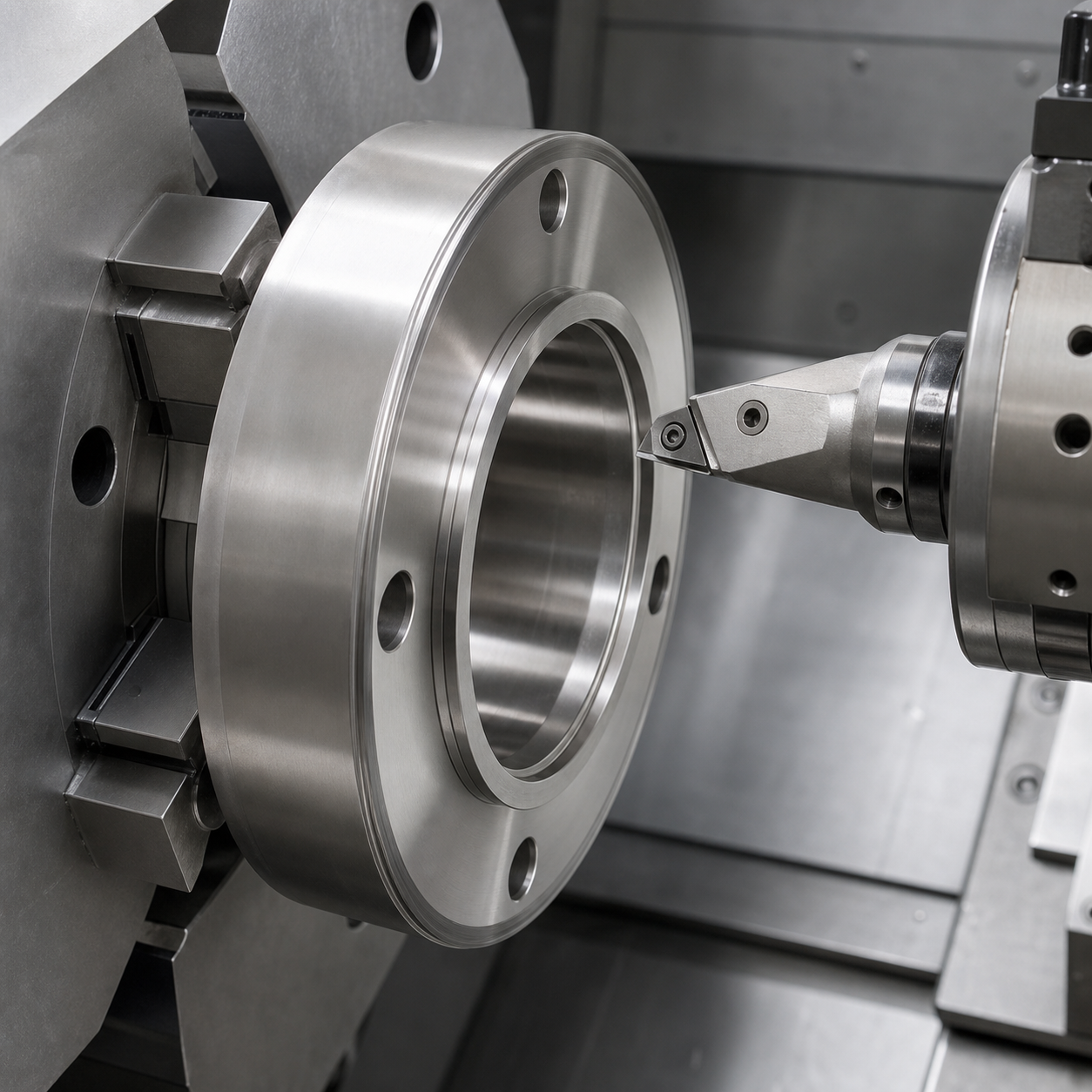 Niobium RF cavity flange during CNC finishing of the sealing land and thin weld lip