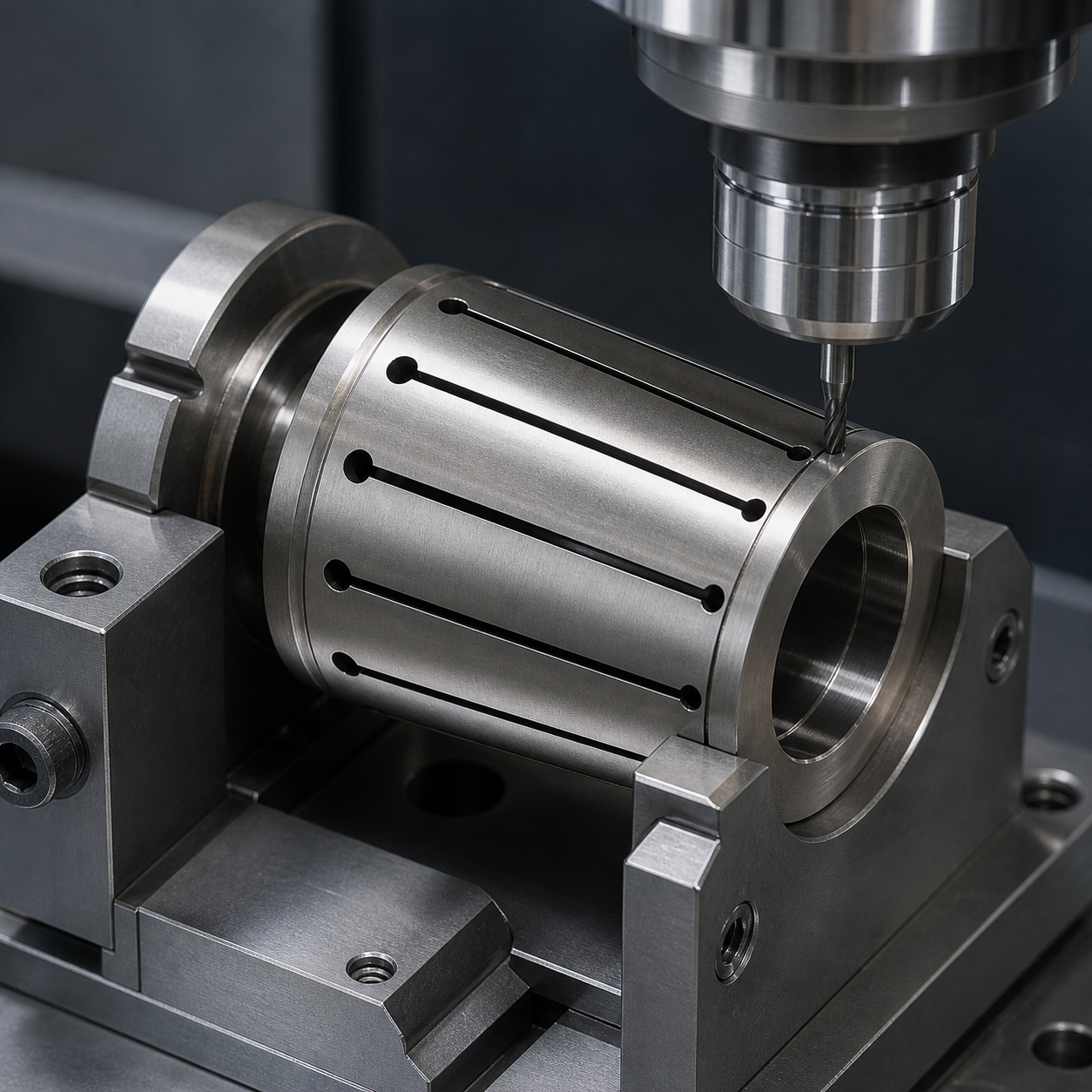 Nitinol actuator collet during CNC milling of 0.35 mm flexure slots and thin spring fingers