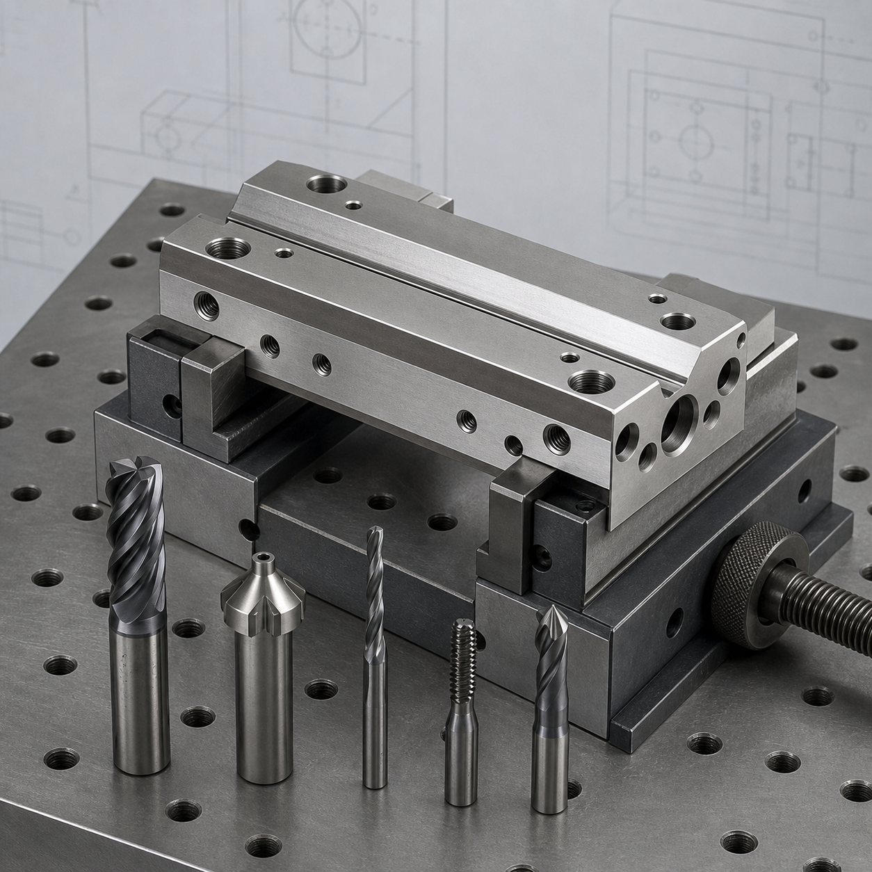 Nitronic 60 actuator guide block CNC fixture with dovetail cutter, oil grooves and carbide tools