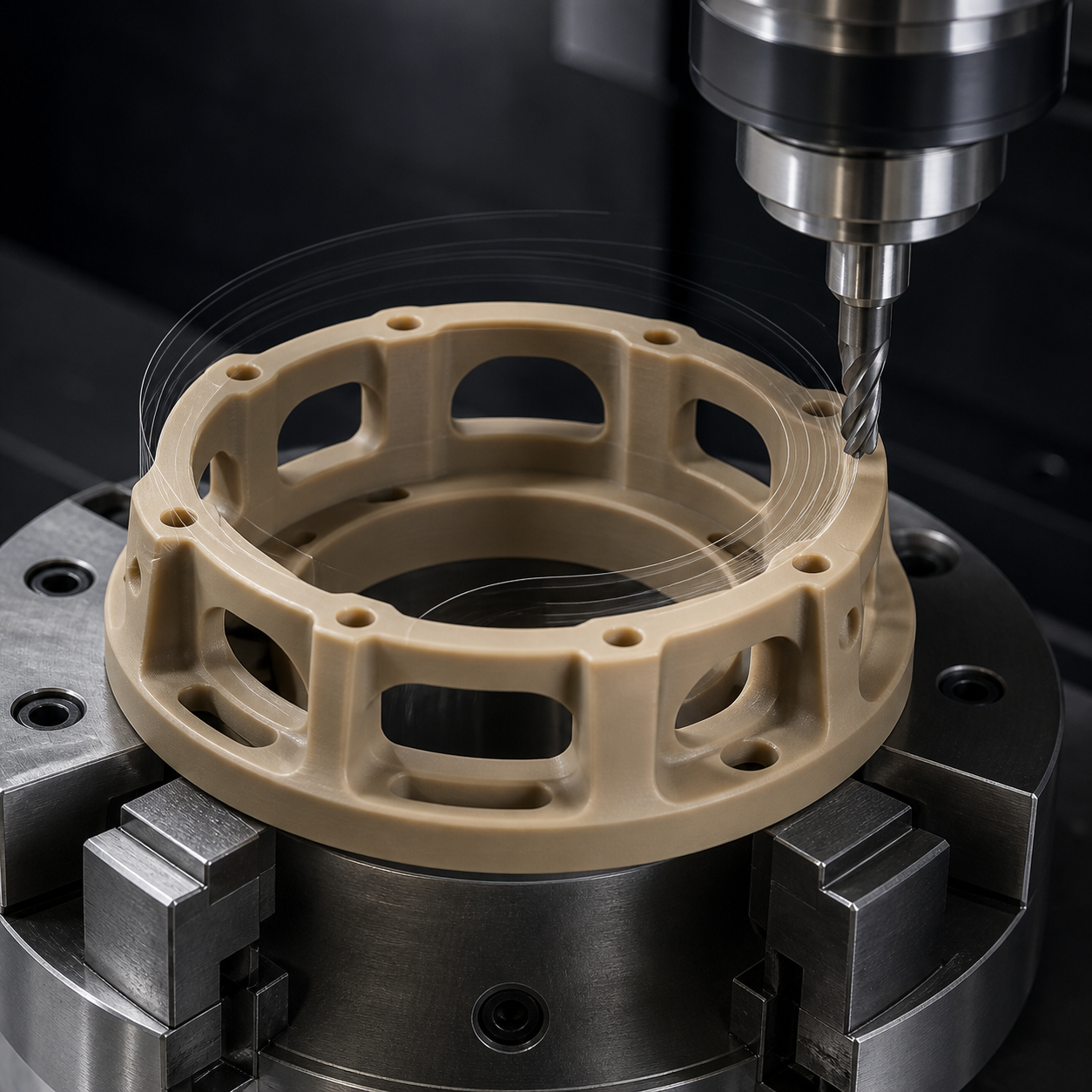 Square CNC machining view of a PEEK bearing cage with thin windows and a sharp carbide end mill