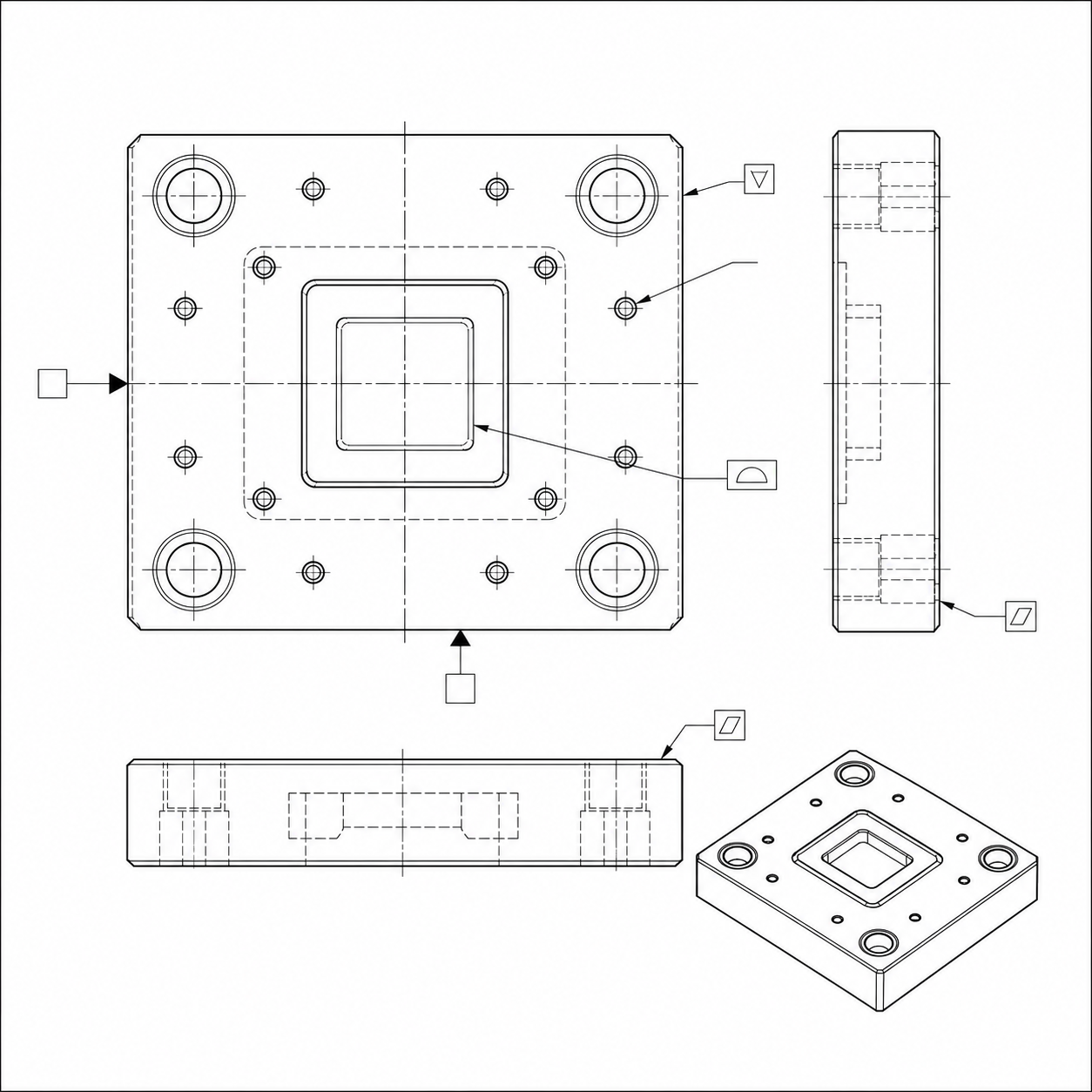 Plastic mold base plate schematic drawing with guide pin bores, pockets and datum features