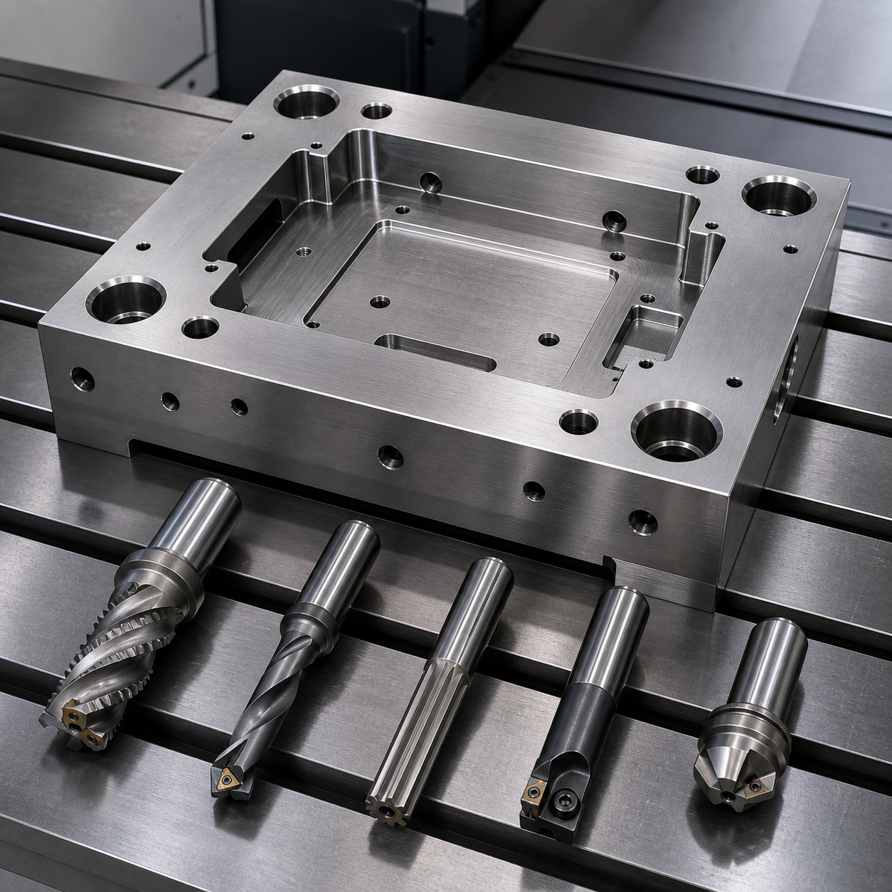 P20 plastic mold base plate CNC tooling case with pocket, guide bores and cutting tools