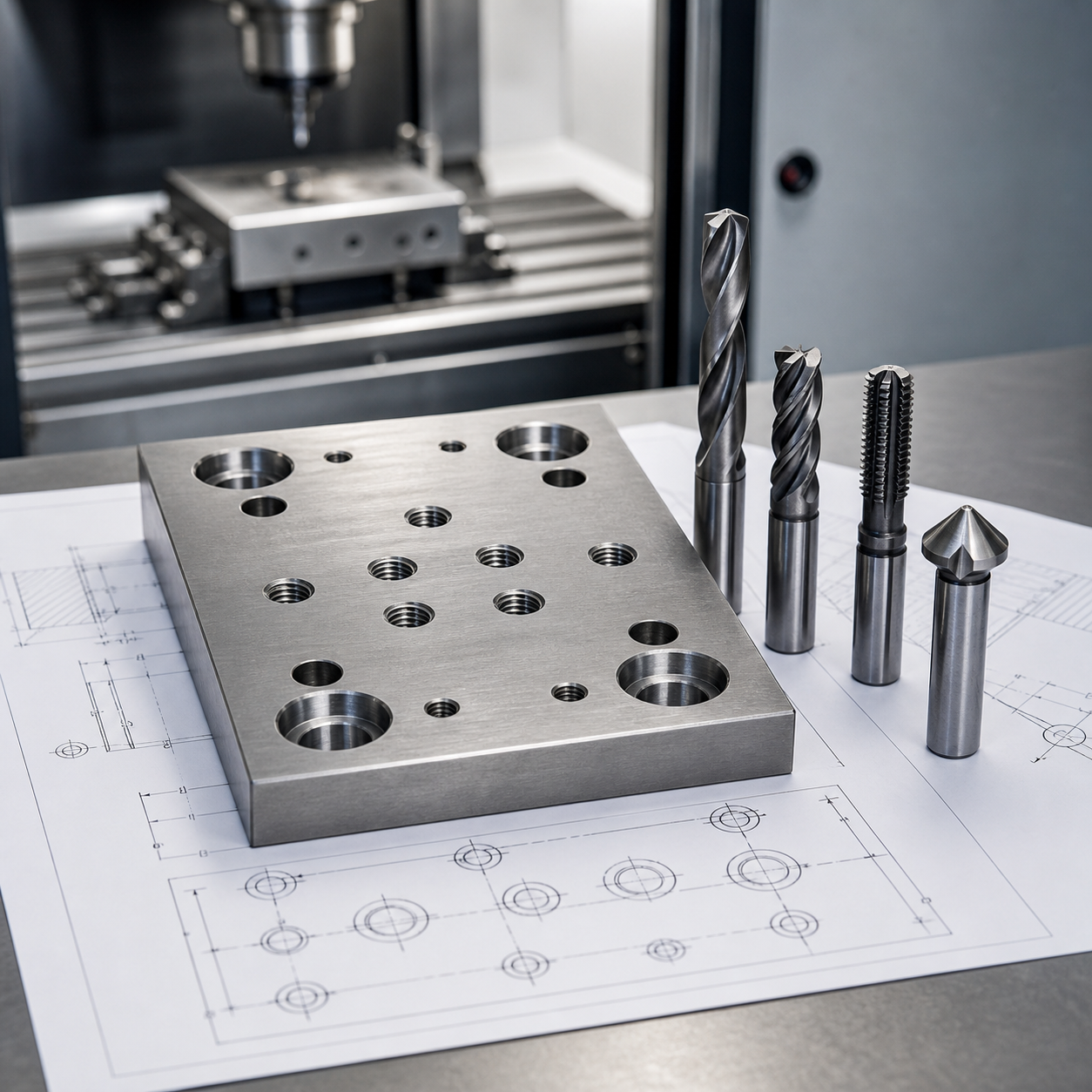CNC tooling solution case for plate drawing with counterbores and threaded holes