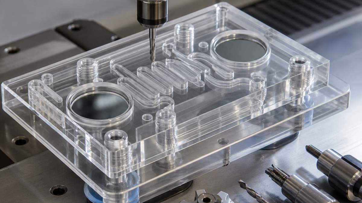 PMMA Optical Flow Cell CNC Tooling Case: Polished Windows and Microchannels