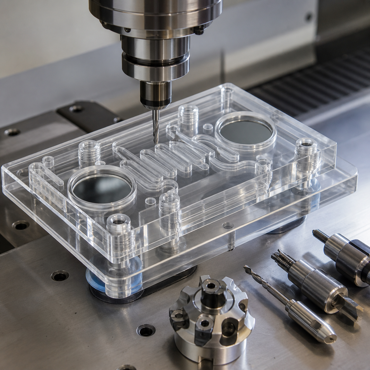 Transparent PMMA optical flow cell during CNC milling of polished windows and microchannels