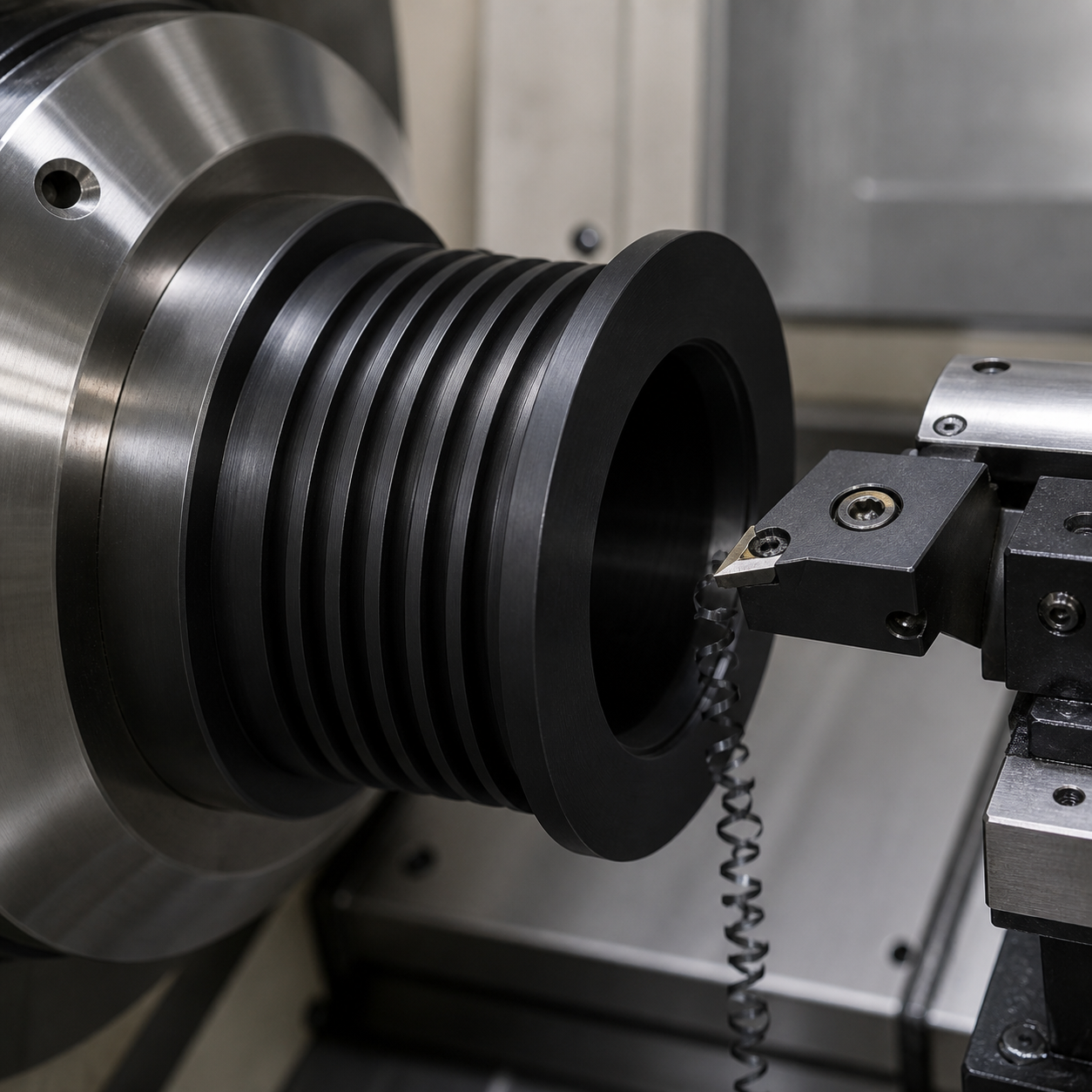 POM cable drum during CNC helical-groove turning with polished carbide tool