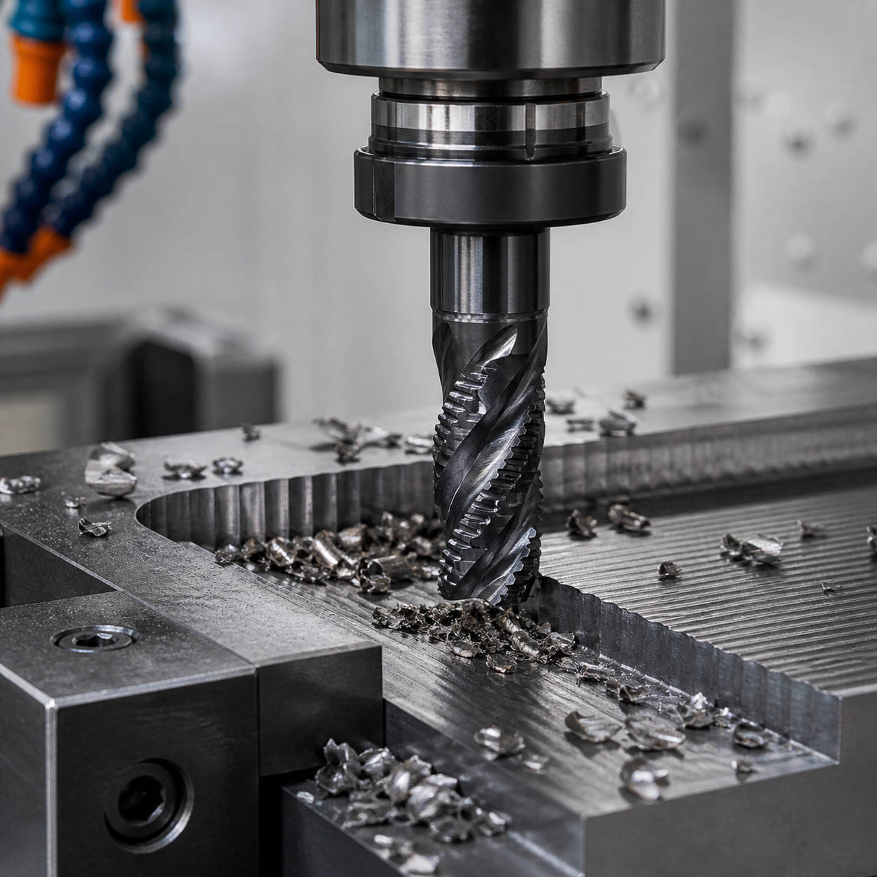 Serrated roughing carbide end mill with chipbreaker geometry cutting steel