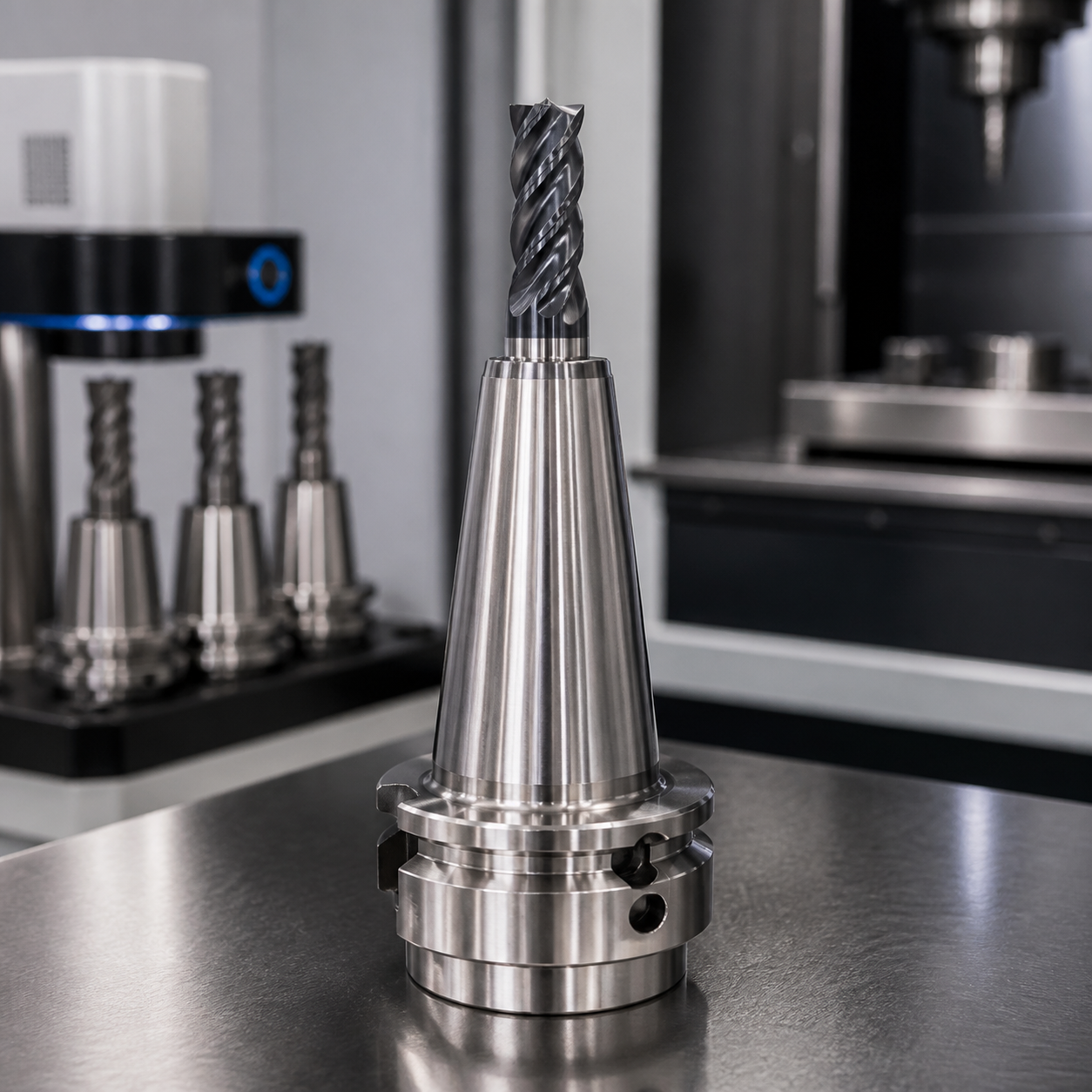 Shrink-fit tool holder gripping a carbide end mill for stable CNC milling