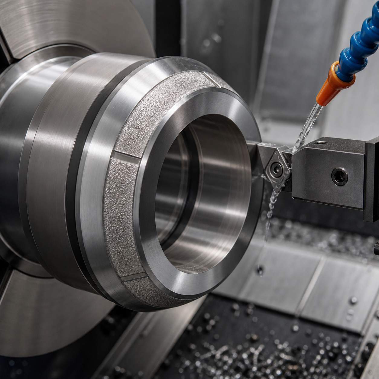 Stellite 6 hardfaced valve seat ring during CNC turning of the precision sealing cone