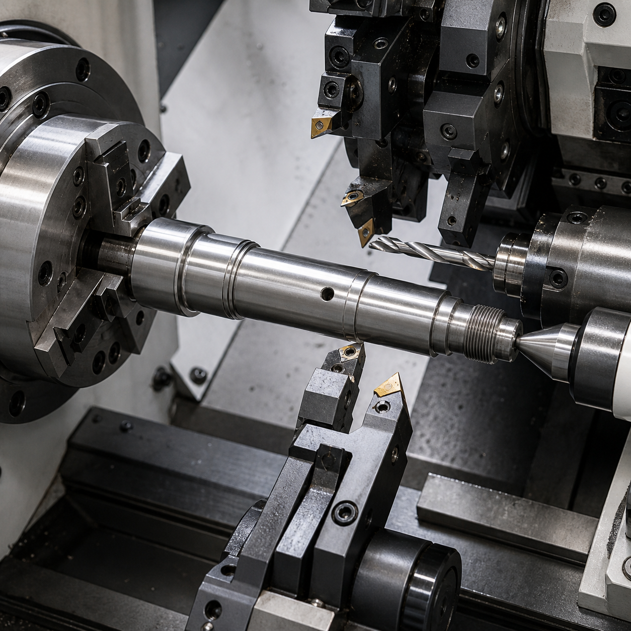 Ti-5553 landing gear axle during CNC turning of bearing journals and cross-hole machining