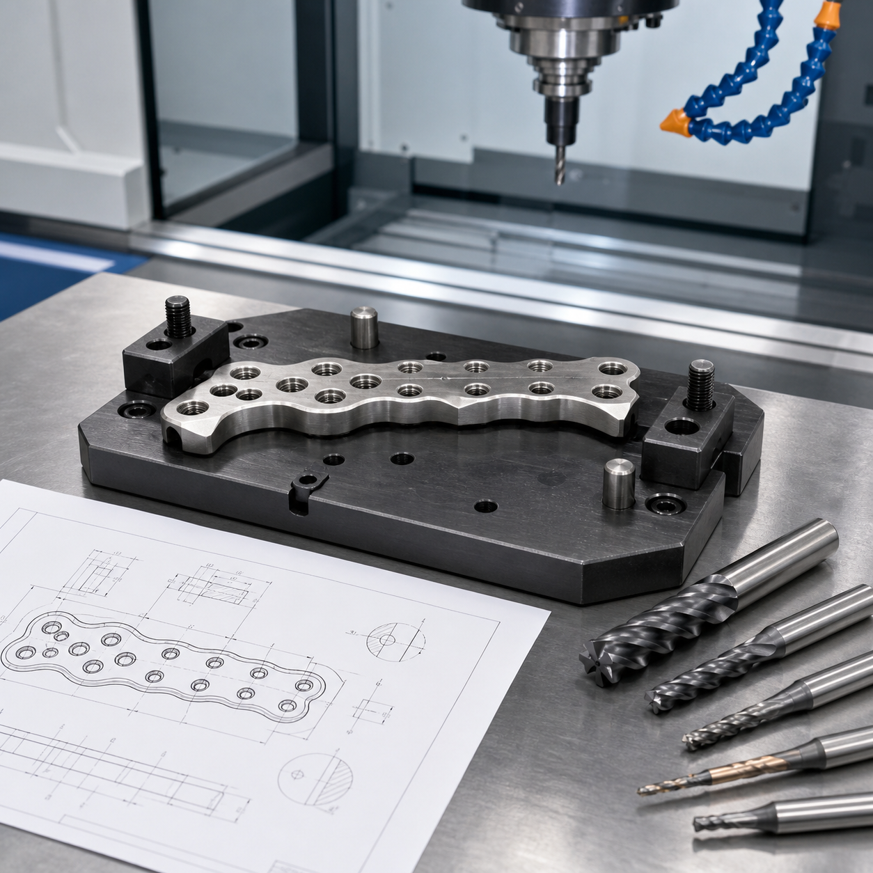 Ti-6Al-4V orthopedic bone plate CNC machining fixture with drawing and carbide tools