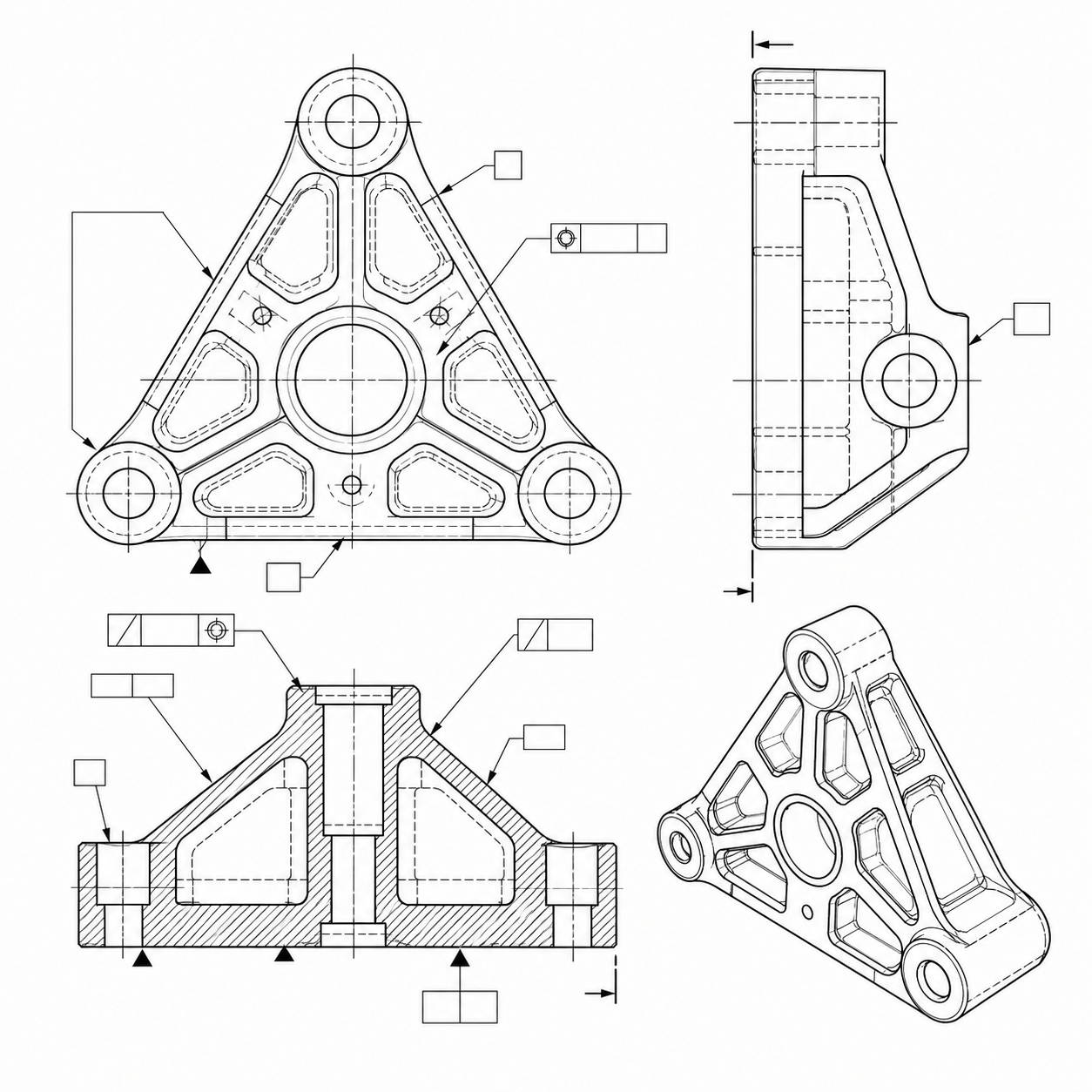 Titanium aerospace bracket schematic drawing with pockets, ribs, precision holes and datum faces