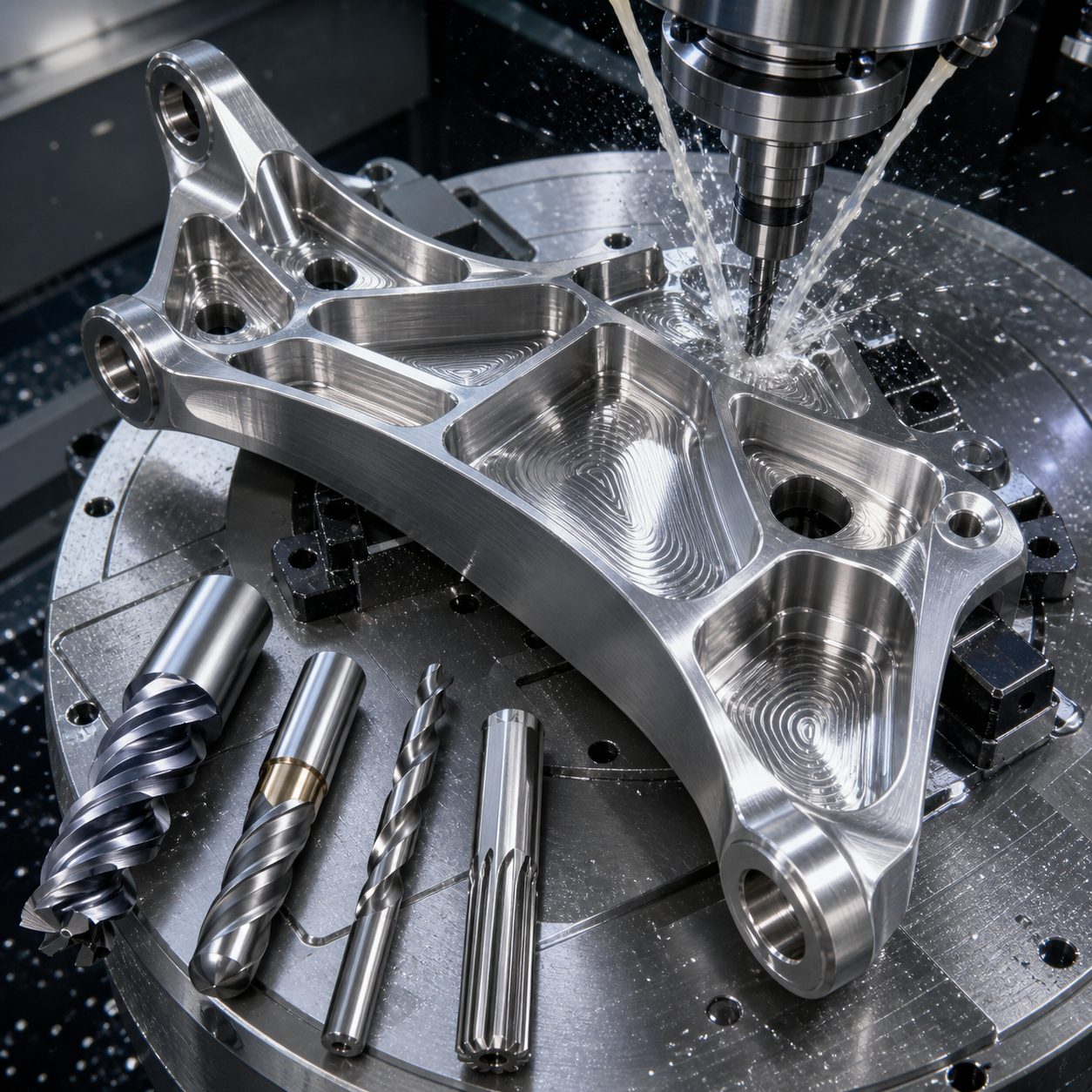 Titanium aerospace bracket CNC tooling case with pockets, ribs, holes and carbide tools