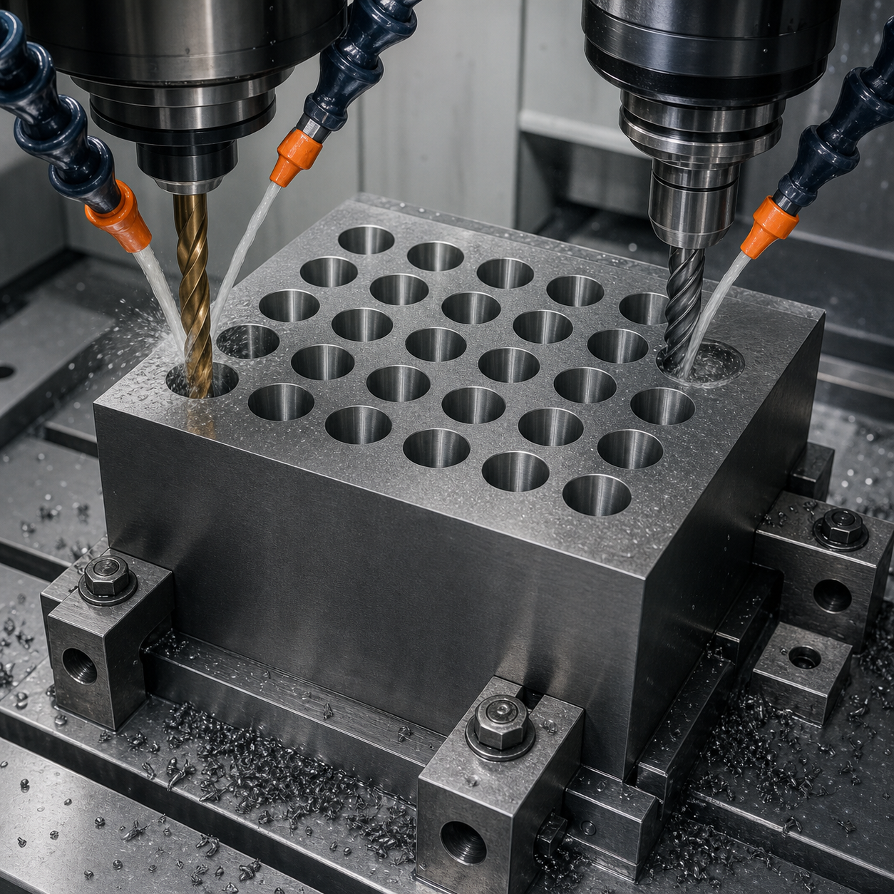Tungsten heavy-alloy collimator block clamped for CNC machining of a precision tapered bore array