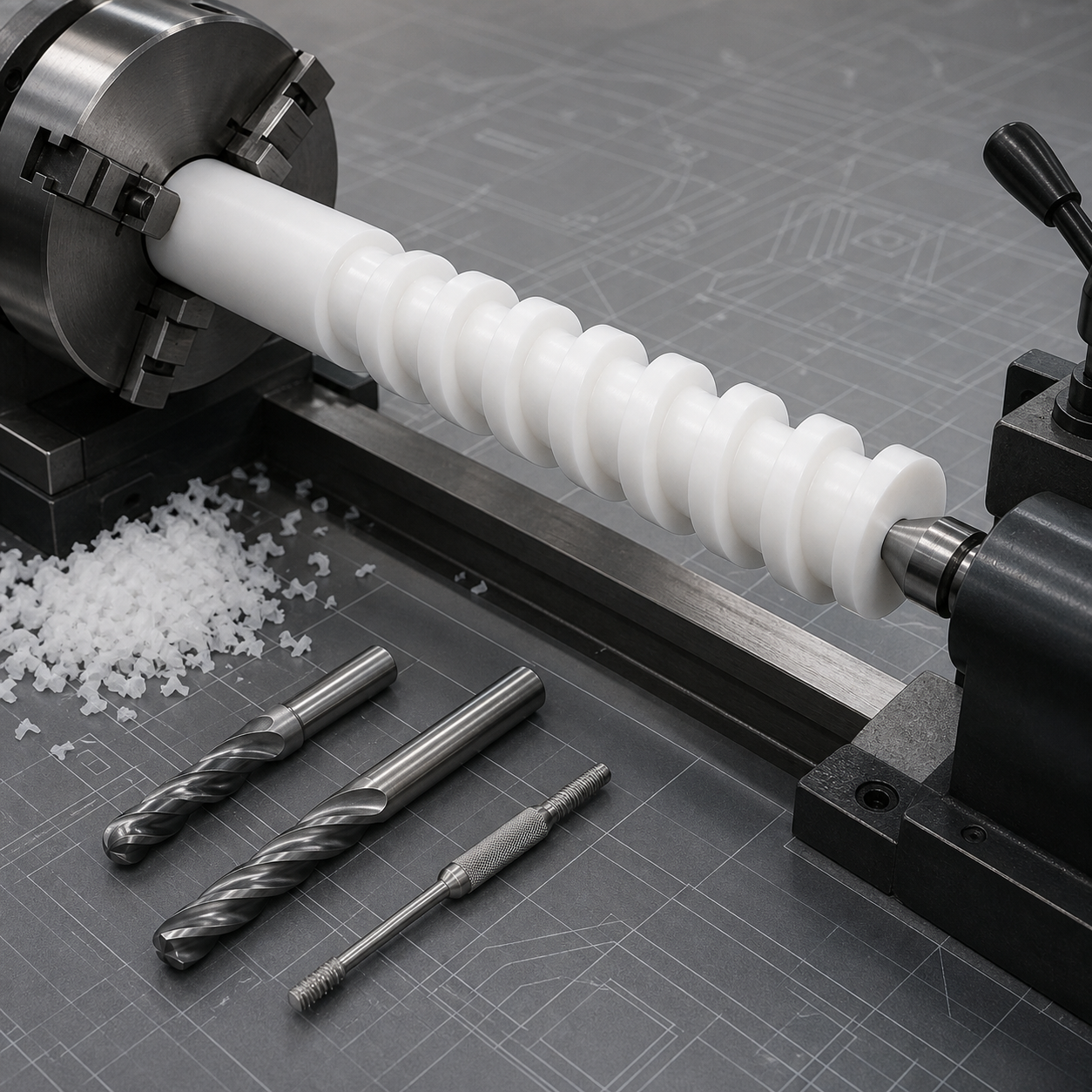 UHMWPE metering screw CNC machining plan with helical channel and sharp carbide end mills