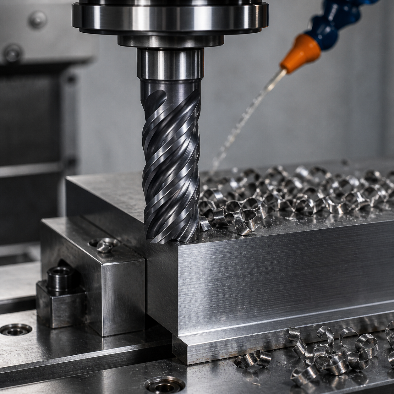 Variable helix carbide end mill reducing chatter during CNC side milling