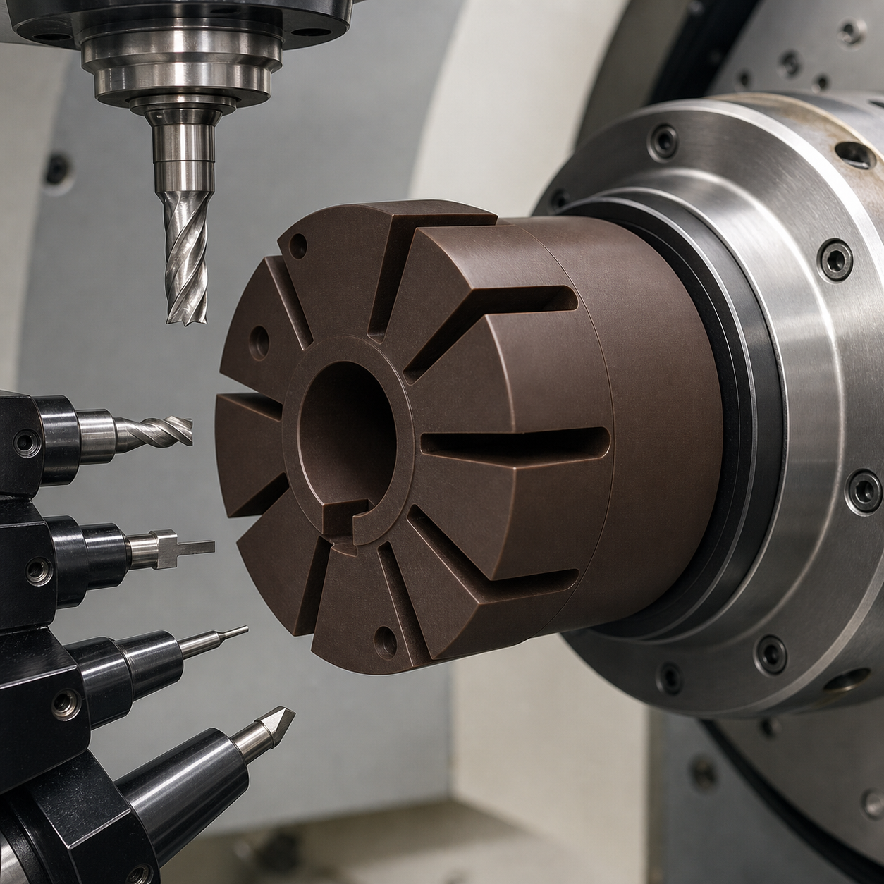 Vespel SP-1 dry vacuum pump rotor during CNC machining of vane slots and sealing lands