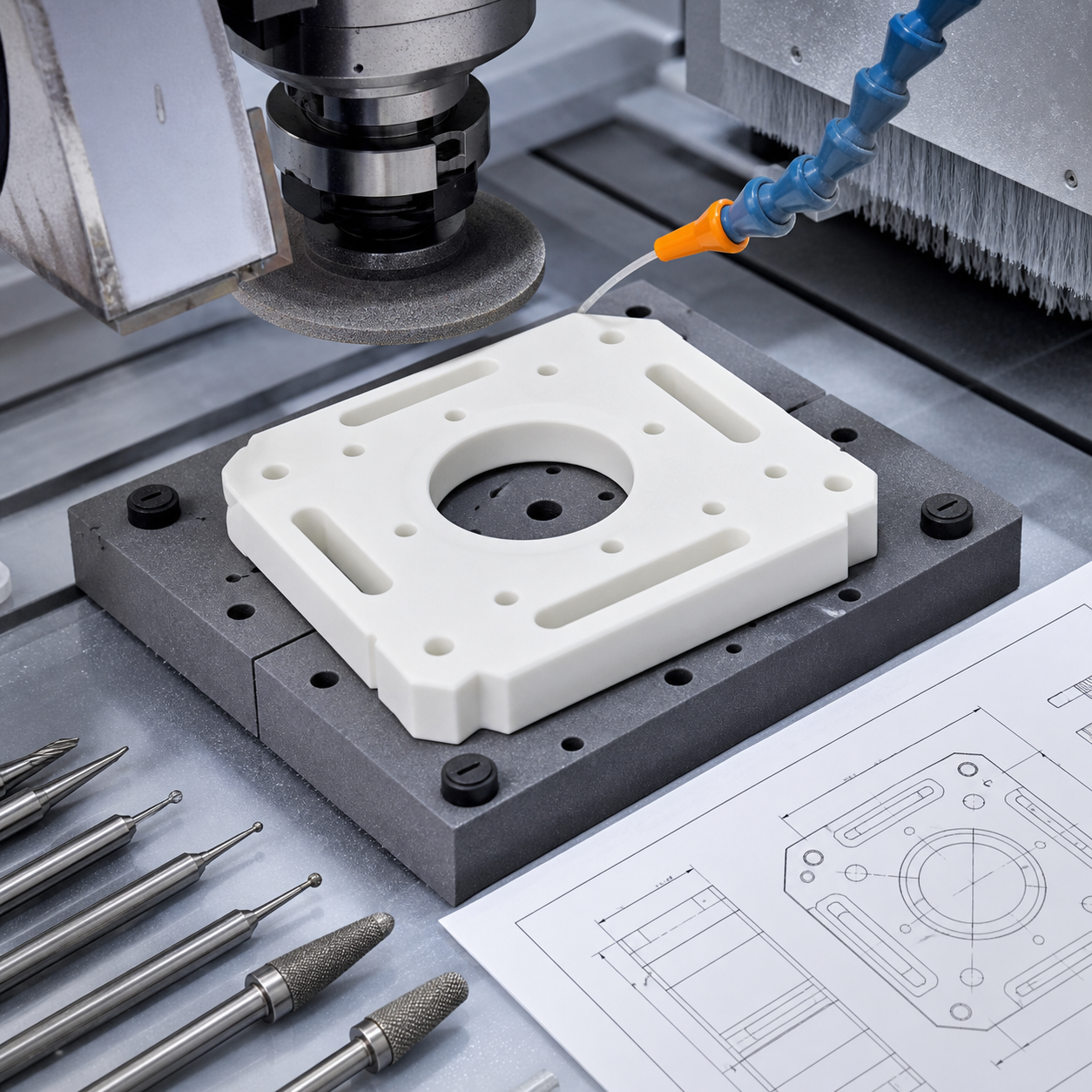 Zirconia ceramic insulating base CNC grinding setup with diamond tools and drawing