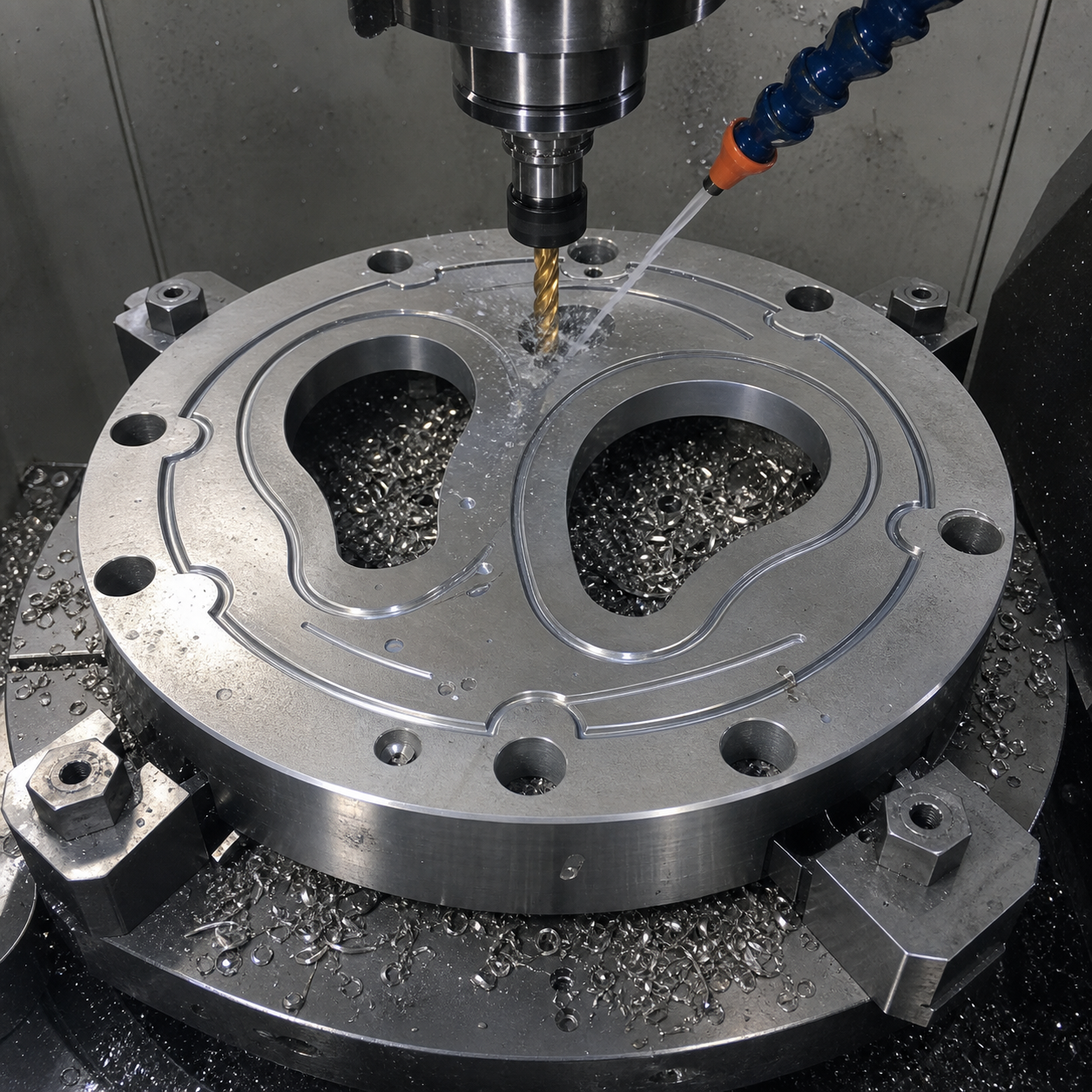 Zirconium 702 chemical pump wear plate during CNC machining of kidney ports and shallow seal grooves
