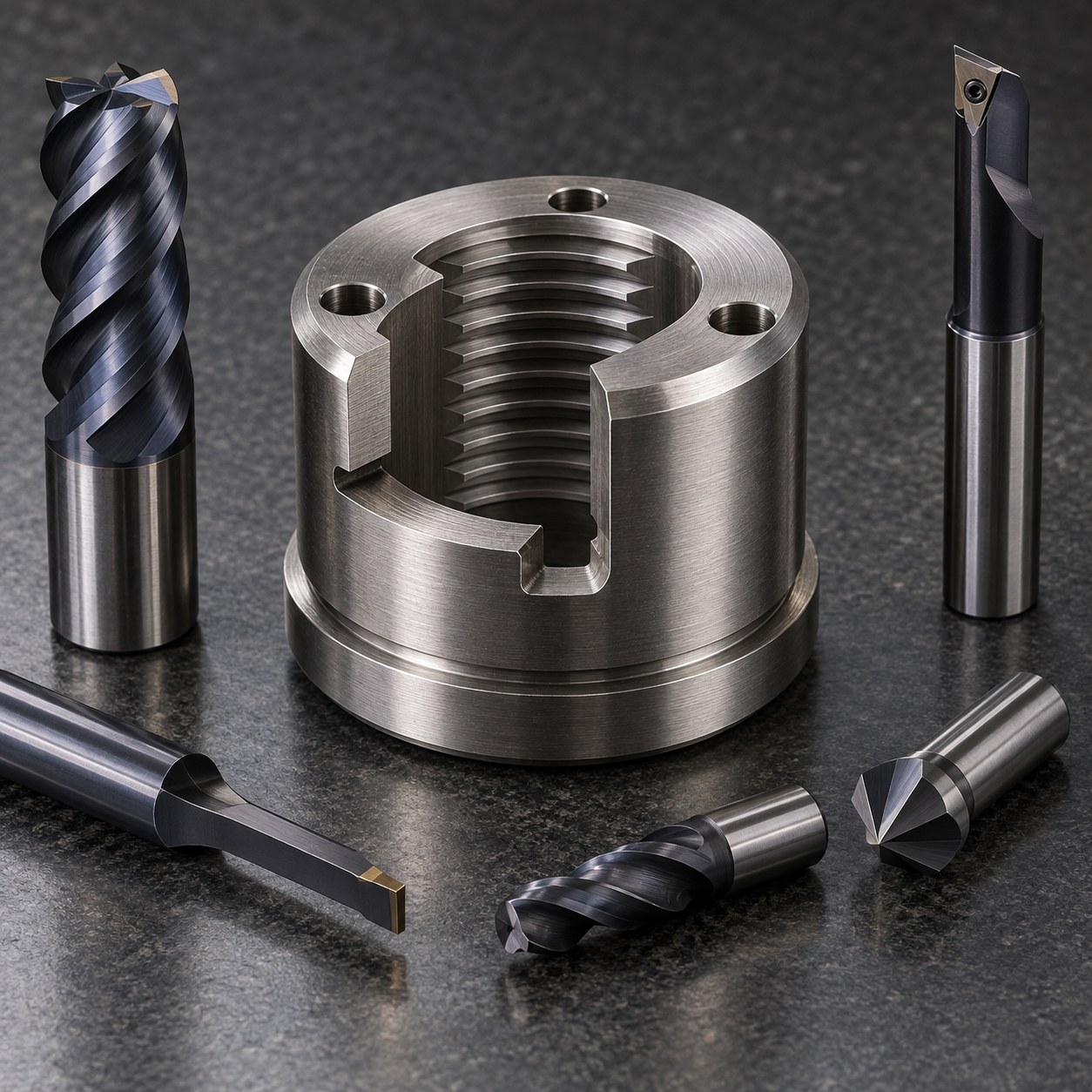 13-8Mo satellite hold-down release nut with buttress thread fuse slot and carbide tools