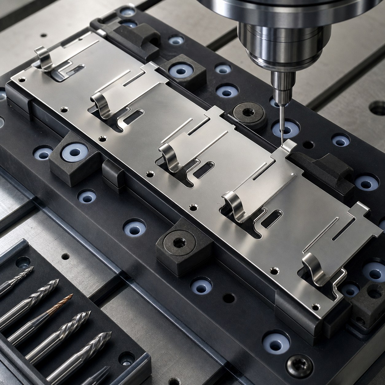 17-7PH spring clip strip CNC tool selection for relief slots countersunk holes and burr free latch tabs