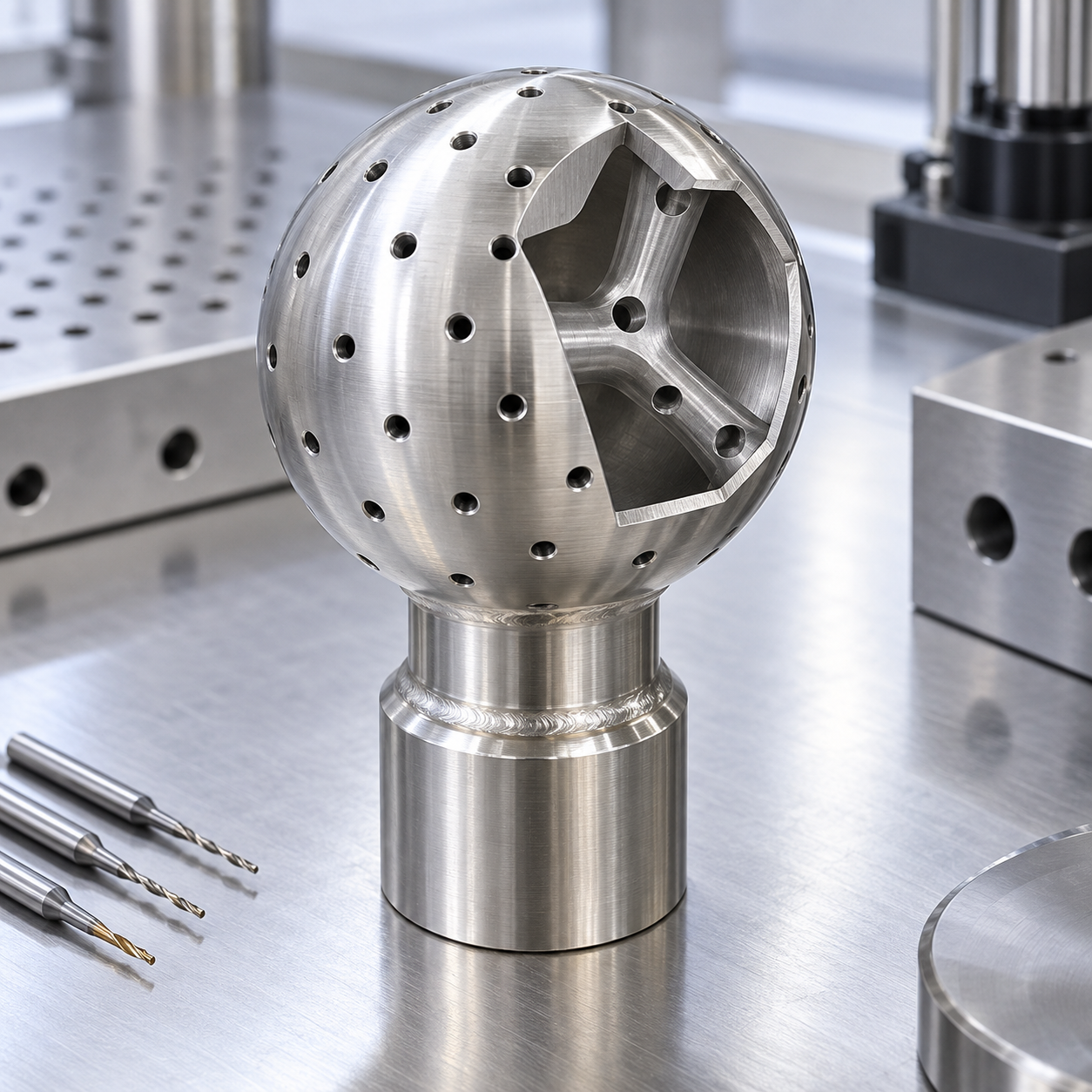 316Ti pharmaceutical CIP spray ball cutaway with compound-angle micro holes and carbide drills