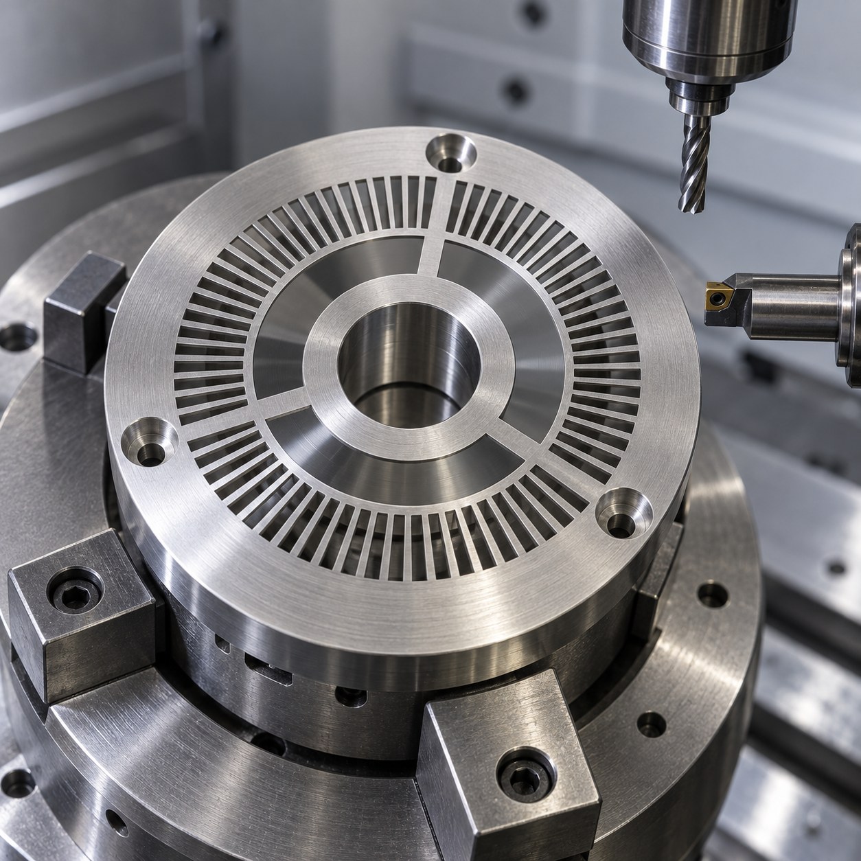 440C stainless encoder disc with radial window array datum bore and carbide micro end mill