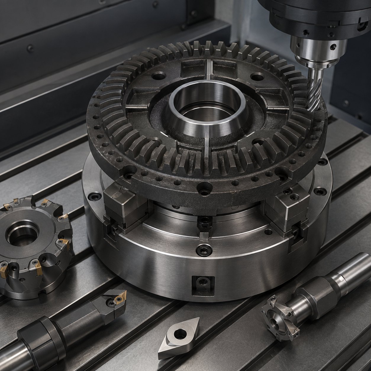 ADI robot reducer output flange CNC tool selection for curvic style face teeth tapered bearing seat oil grooves and bolt circle