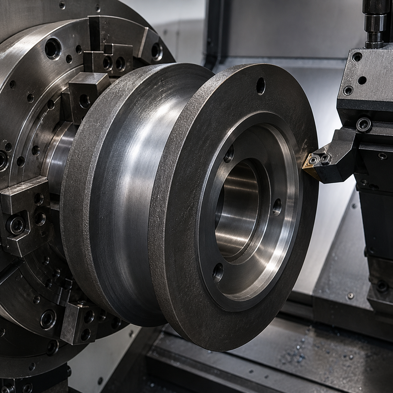 AISI 4340 wire-rope sheave during CNC profiling of the U-groove and bearing bore