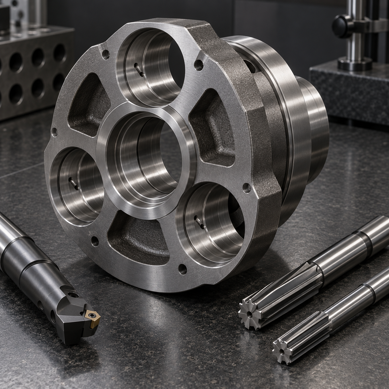 AISI 9310 planetary gear carrier with planet pin bores bearing seats oil jets and carbide tools