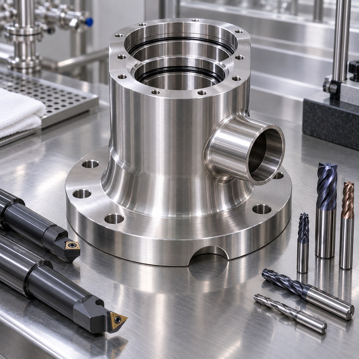 AL-6XN sterile mixer seal housing tandem bores tangential CIP port and carbide tools
