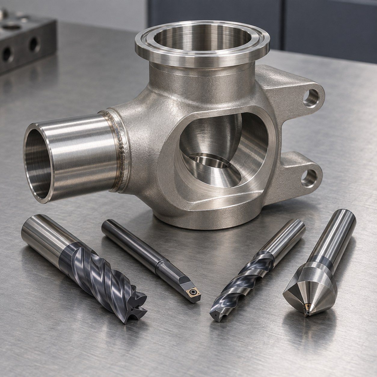 Alloy 20 sanitary sampling valve body with eccentric seat weld stub and carbide tools