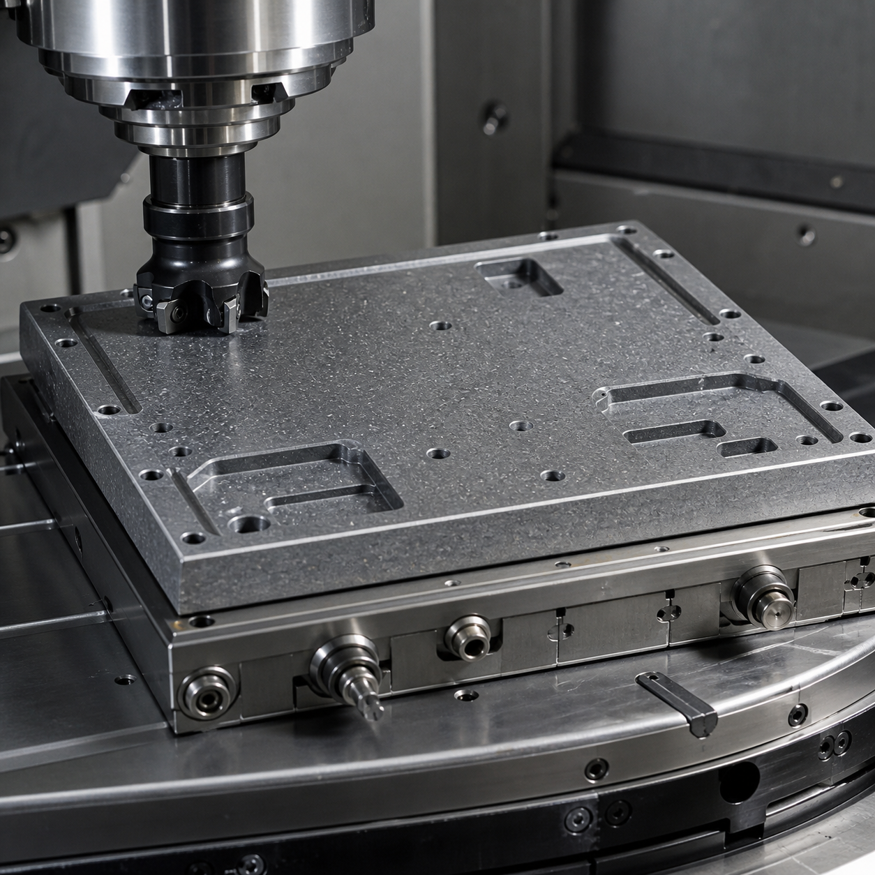 AlSiC power-module baseplate during CNC finishing of the thermal interface and insert bores