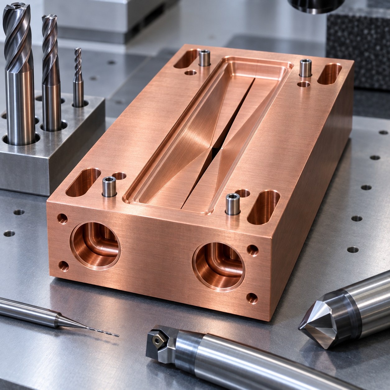 C11000 OFE copper beam mask with tapered aperture cooling ports and carbide tools