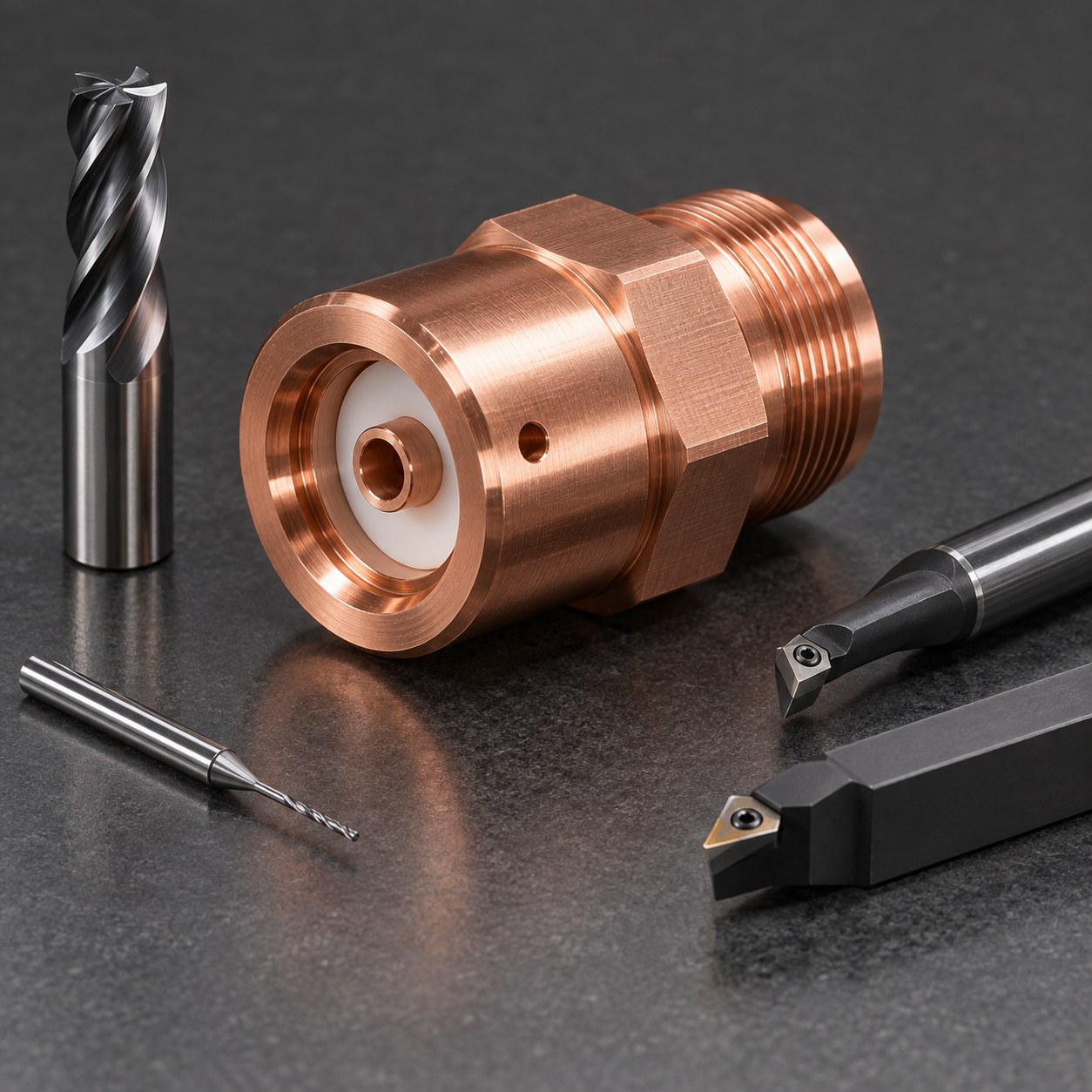 C14500 tellurium copper RF feedthrough body with dielectric counterbore radial vent and carbide tools