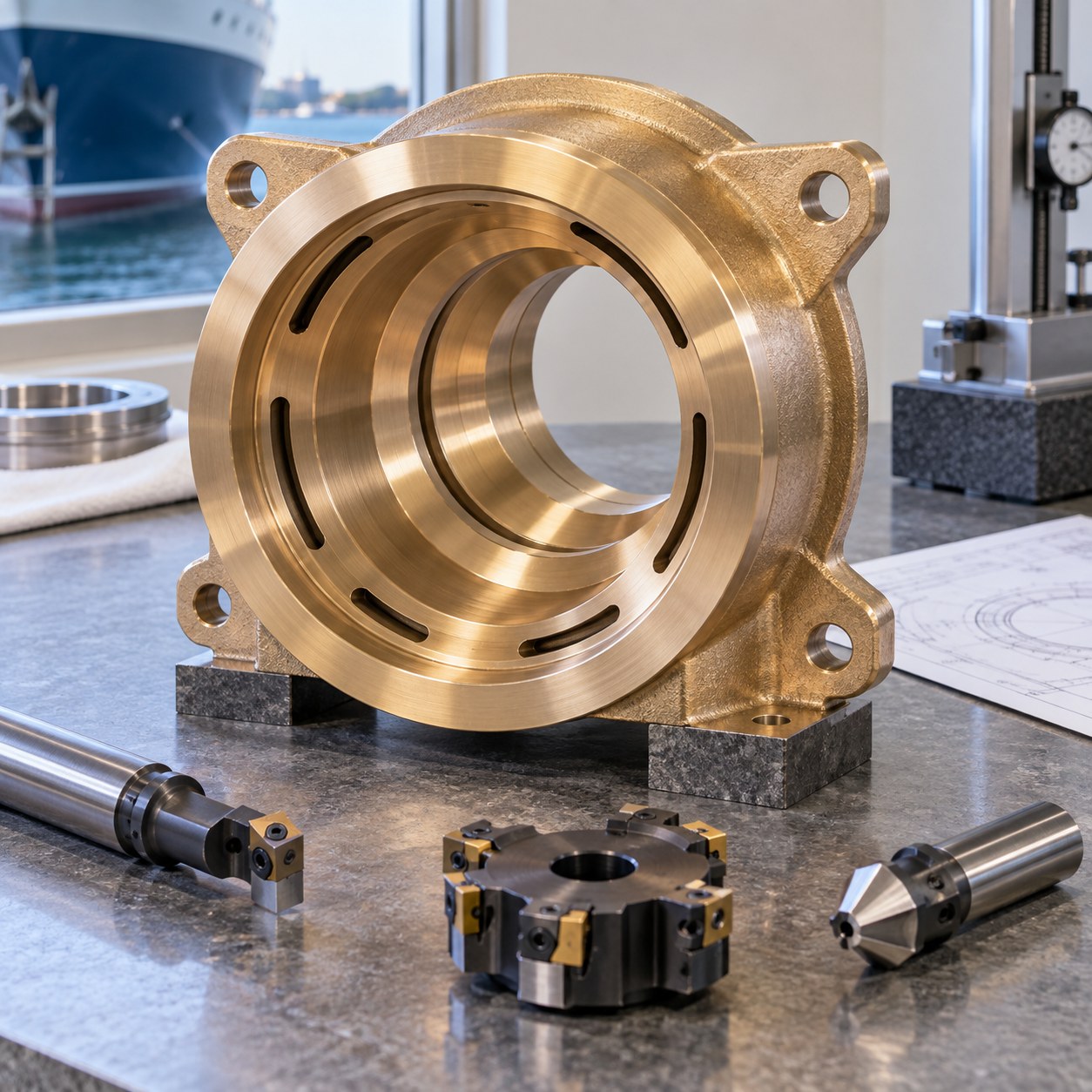 C65500 silicon bronze stern-tube seal carrier stepped bore water slots and carbide tools