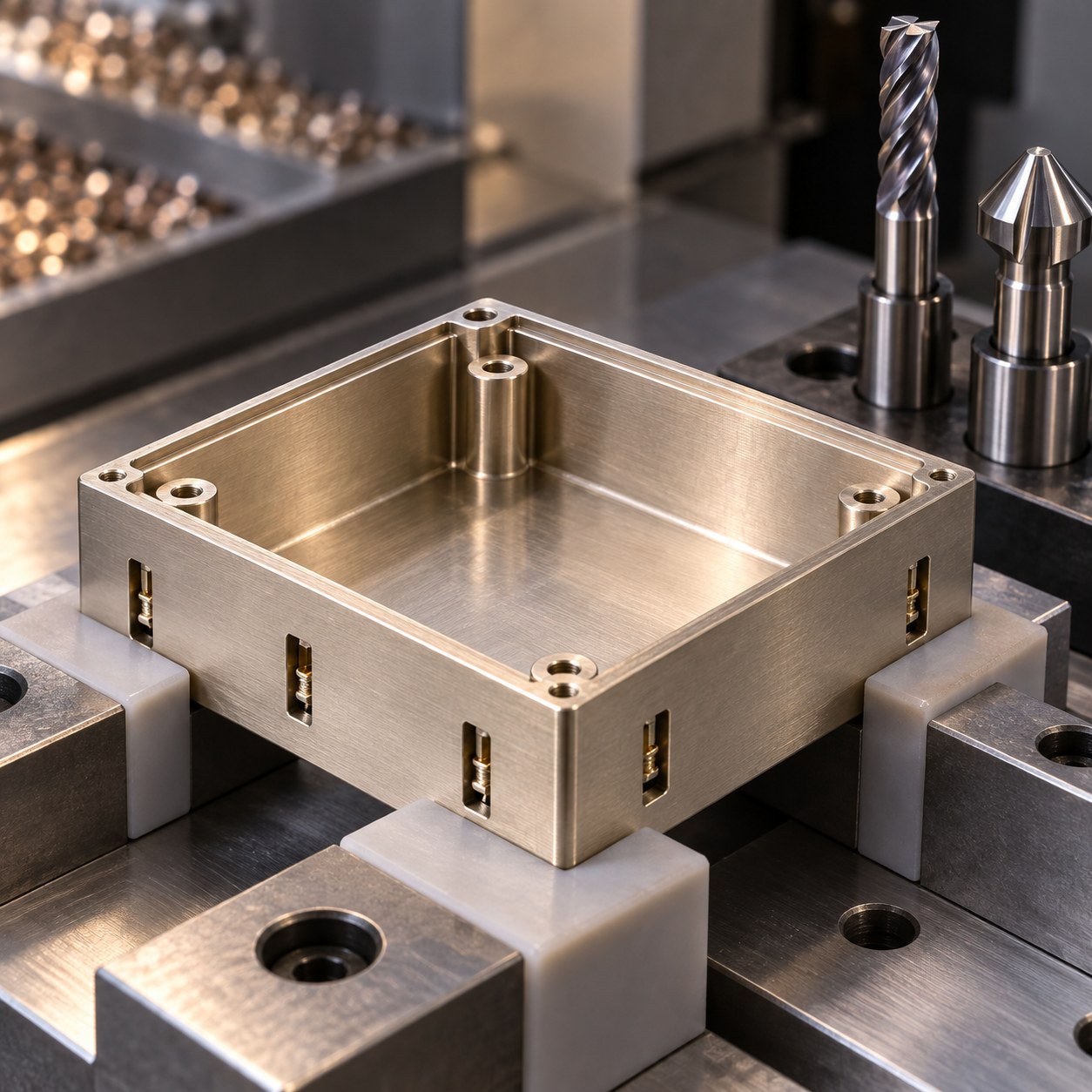 C77000 nickel silver EMI frame with lid rabbet spring contact slots and carbide tools
